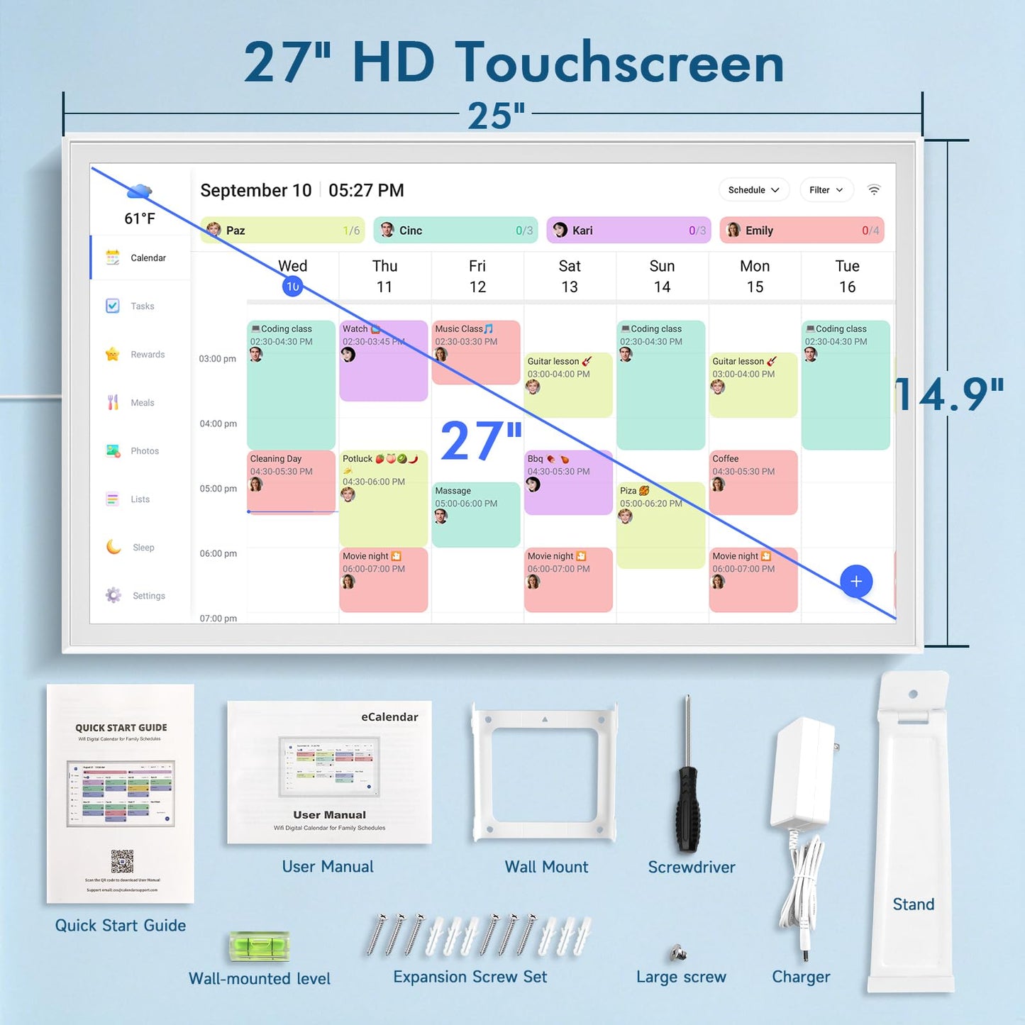 27 Inch Digital Calendar Max, Smart Chore Chart Electronic Weekly and Monthly Planner 1920 * 1080P IPS Display Wall Mount in Portrait or Landscape Schedules for Home and Office Gifts for Women