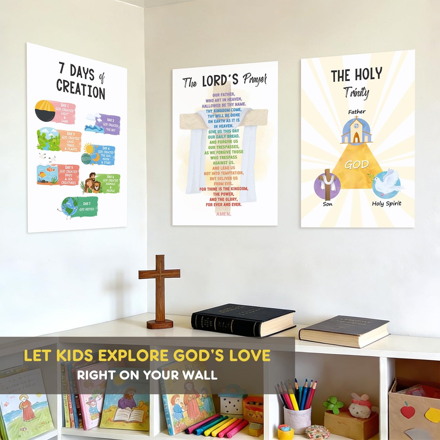 SEOIFUNG 12 PCS Kids Bible Education Posters Set (11x17") - Biblical Learning Charts for Sunday School Classroom Christian Religious Home Wall Decor, Books of the Bible, 10 Commandments & More