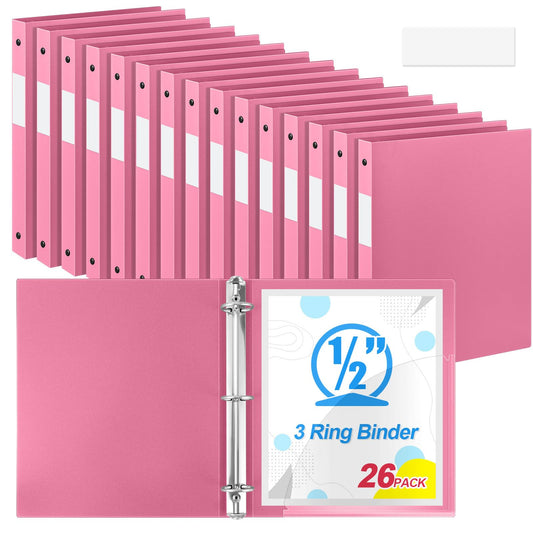 Henoyso 26 Pack 0.5 Inch Plastic 3 Ring Binder Round Ring, Bulk 1/2 Inch Flexible Binders Hold 140 Sheets Letter Size with Pocket, Document Organizer for Back to School Classroom Office (Pink)