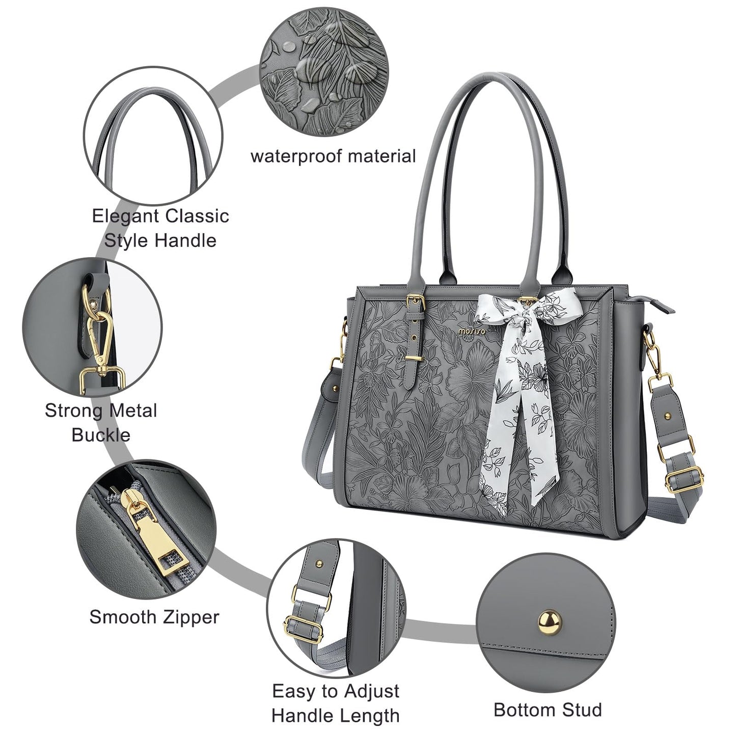 MOSISO Laptop Bag for Women, 17-17.3 inch PU Leather Tote Bag Compatible with MacBook, HP, Dell, Asus Notebook, Front Embossed Retro Hibiscus Computer Bags with Silk Scarf&Clutch Purse, Gray
