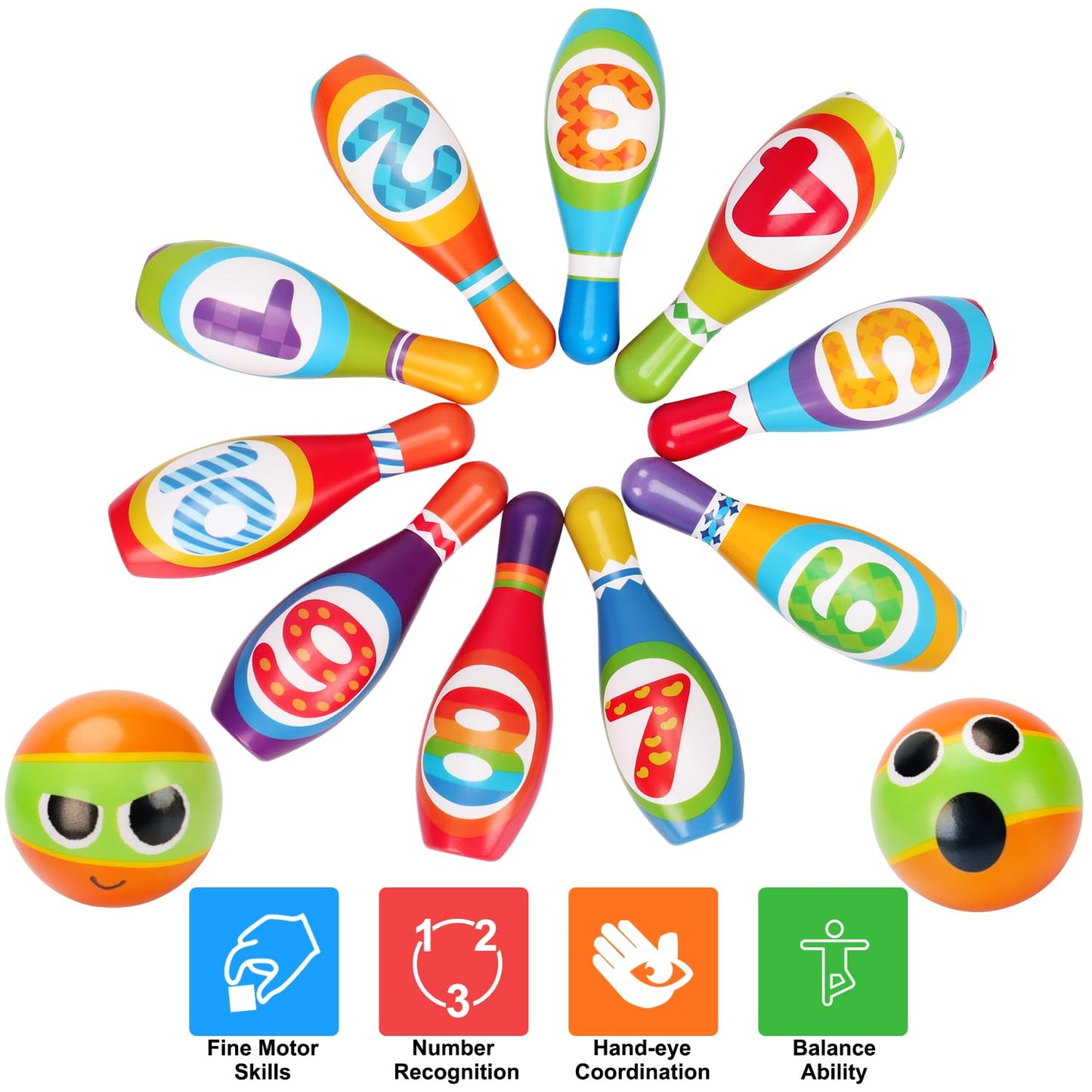 Kids Bowling Toy Set 2-5, Toddler Indoor Outdoor Activity Play Game Toys for 2 3 4 Year Old Boy Girl, Soft 10 Foam Bowling Pins & 2 Balls, Educational Children Birthday Party Gifts Ages 1-3 2-4 3-5