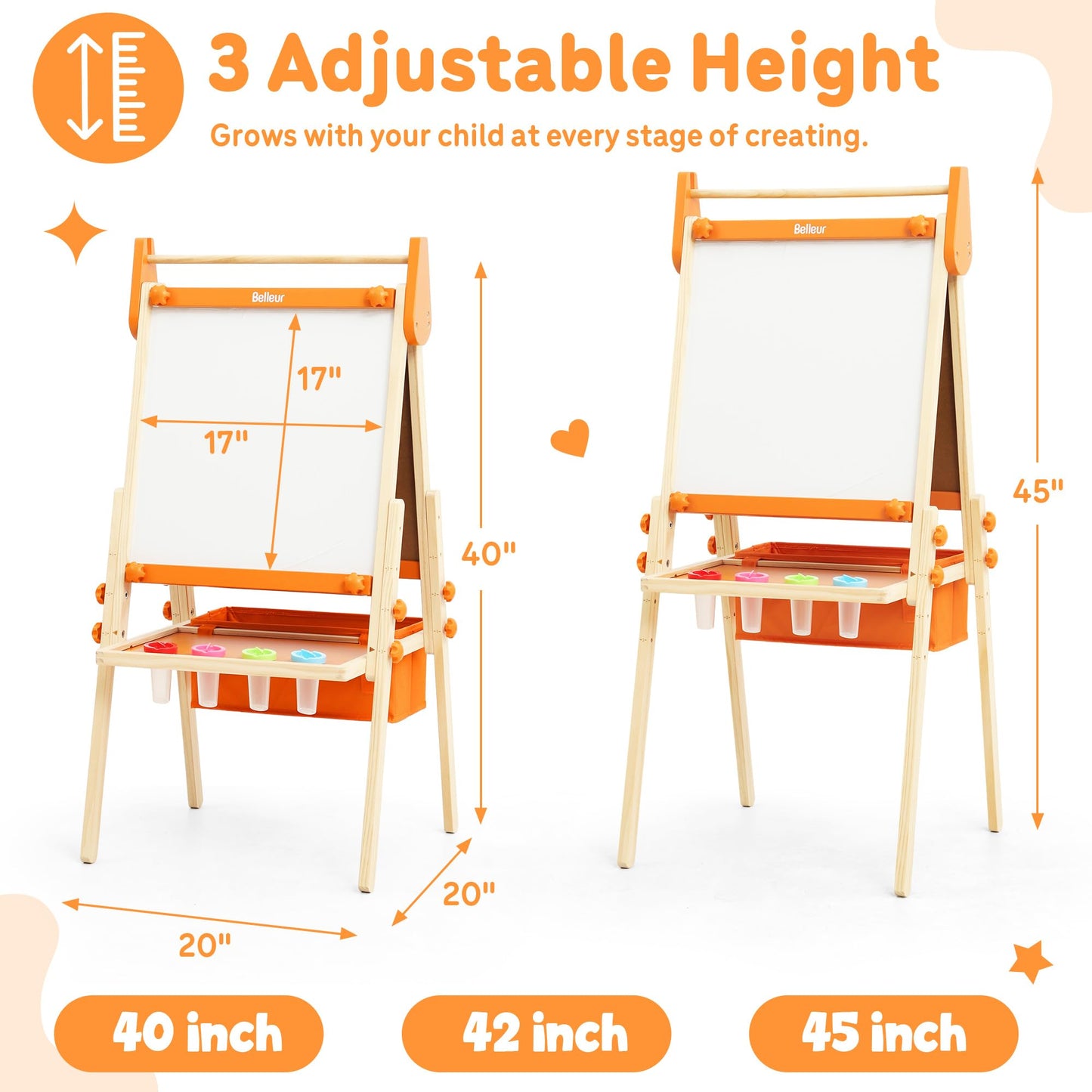 Belleur All-in-One Art Easel for Kids, Adjustable Double Sided Easel for Toddlers with Magnetic Whiteboard & Dry-Erase Chalk Board & Paper Roll, Child Painting Easel for Kid 2-8 Birthday Gift-Orange