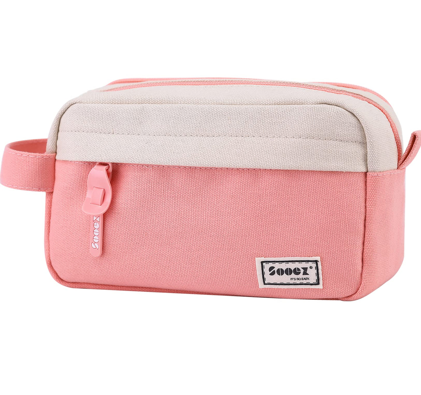 Sooez Big Capacity Pencil Case, Upgraded Canvas Pencil Pouch Large Pencil Bag Organizer, Separate Compartments Easy Grip Handle, Aesthetic Supply for School Teens Adults, Pink Pen Case