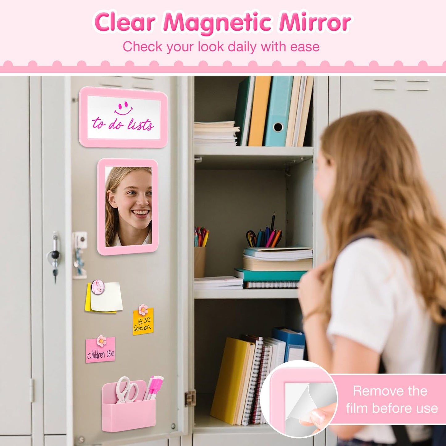 MoKo Locker Accessories Set, 15PCS Back to School Supplies Includes Magnetic Mirror, Whiteboard, Markers, Pen Holder, Magnets, Locker Organizer for School Office (Pink)