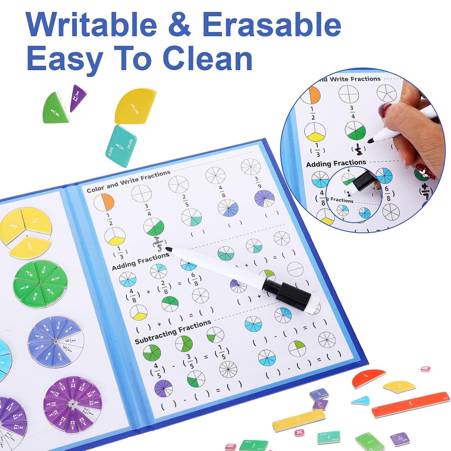 Magnetic Fraction Playbook & Fraction Manipulatives Set, Montessori Magnetic Fraction Book for Kids Grades K-3, Math Manipulatives with Fraction Tiles and Circles, Educational Fraction Games & Puzzle