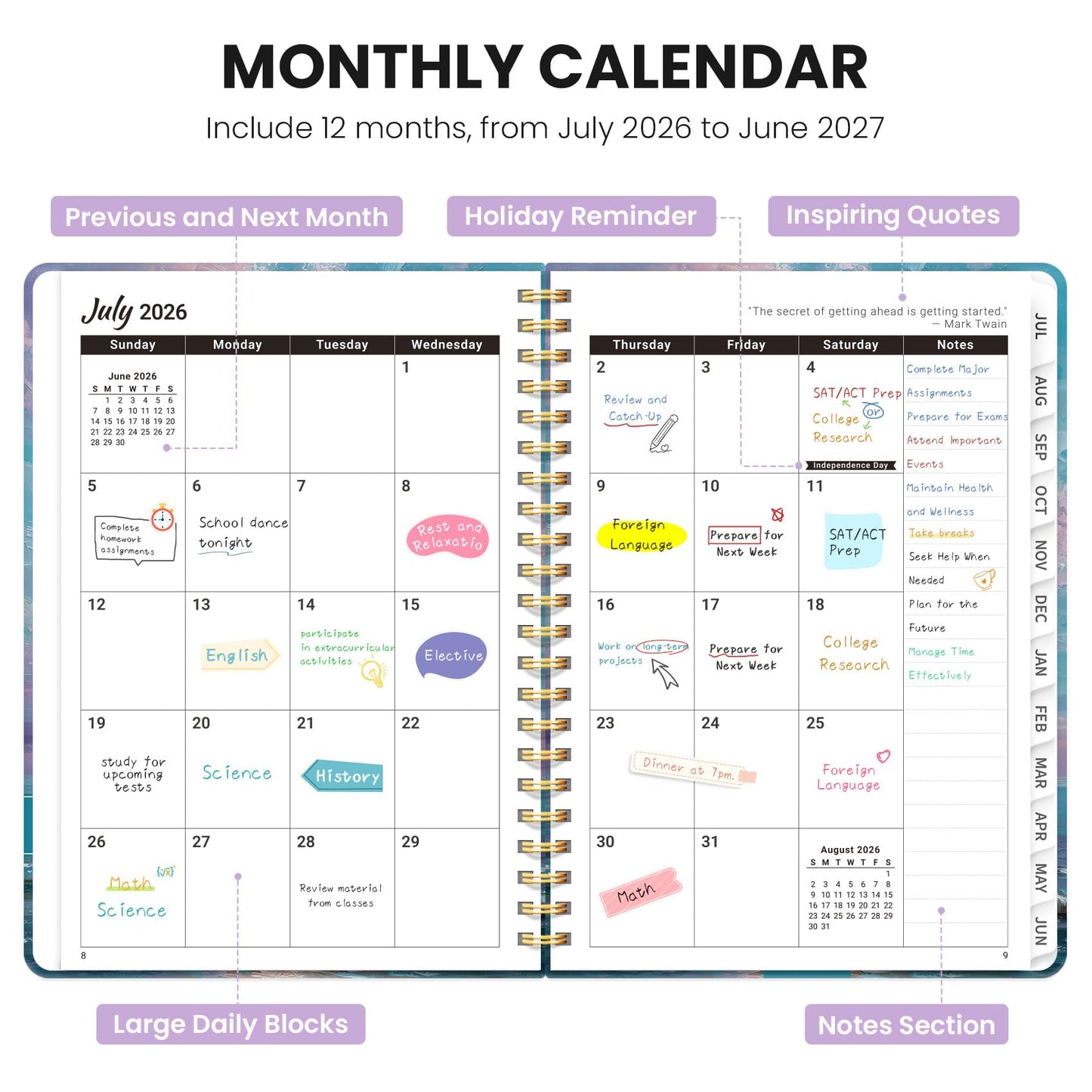 Academic Planner 2026-2027, Monthly and Weekly Calendar Planner, July 2026 - June 2027, Pretty Hardcover Teacher Student Planning Agenda Book with Tabs, Fit for School Office Supplies, 6.3" x 8.5", Pastel Horizon