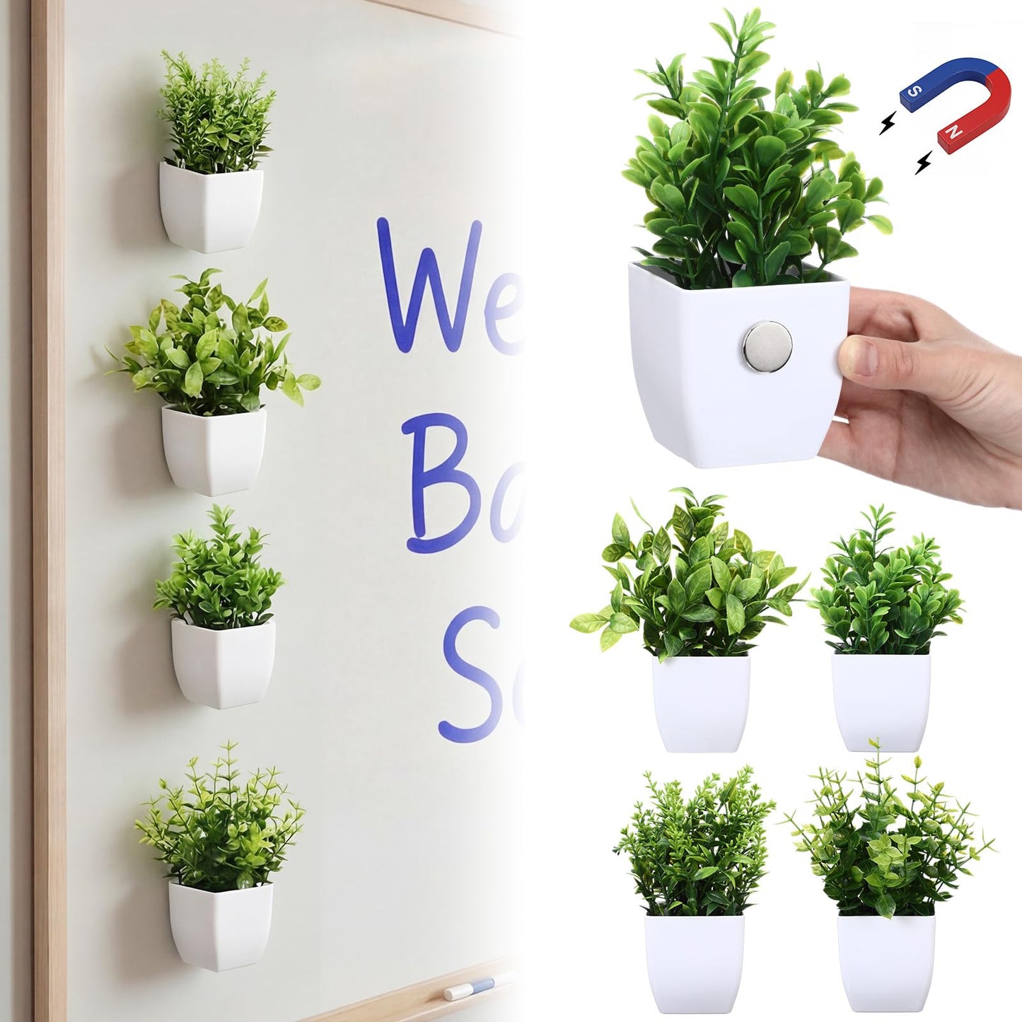 Suncalla 4 Pack Mini Magnetic Fake Plants for Classroom Whiteboard Small Artificial Potted Plants with Faux Flowers Decorative 3D Magnets for School Office Home Decor(Greenery)