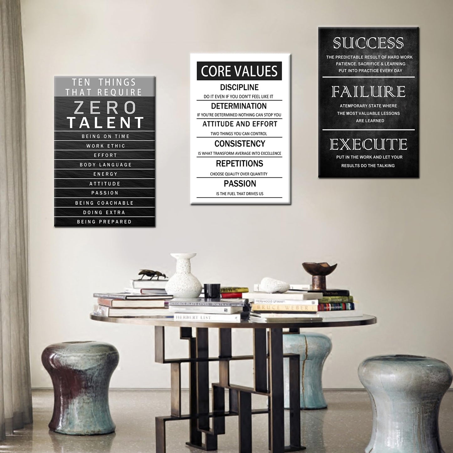 Zero Talent Poster Motivational Office Quotes Wall Art Core Values Inspirational Wall Decor Canvas Print 3 Panel Picture Artwork for Living Room Bedroom Home Decor Framed Ready to Hang [48''Wx 24''H]