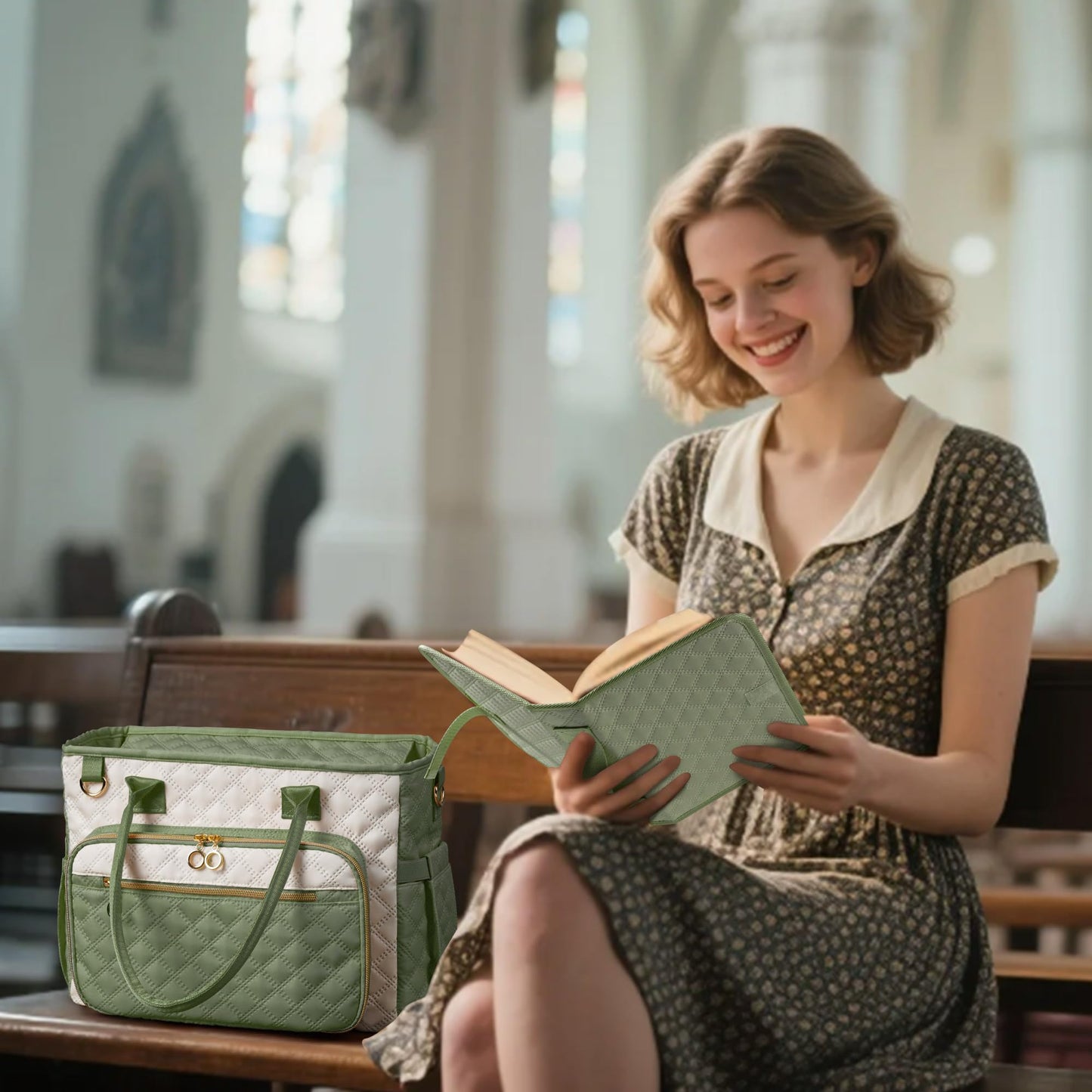 Large Bible Bag with Bible Cover Case for Women，Church Tote Bag Travel Bag Diaper Bag with Shoulder Strap for Teachers, Nurses, Moms, Bible Lovers(Green)