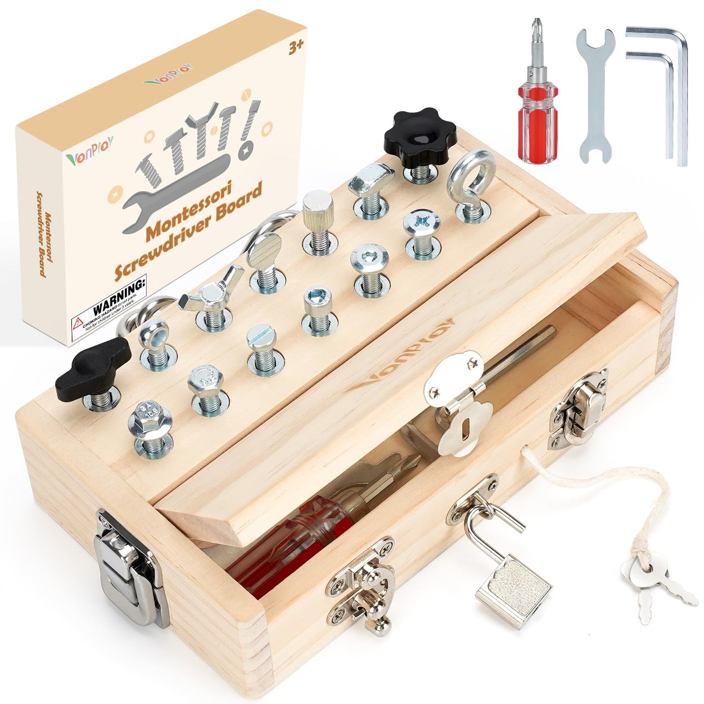 Vanplay Busy Board Toys for 3 4 5 Year Olds Boy Birthday Gifts, Montessori Toys for 3 Year Old, Screwdriver Board Set with Lock and Key - Wooden Kid Tool Set Educational Learning Toys for Kids 3-6
