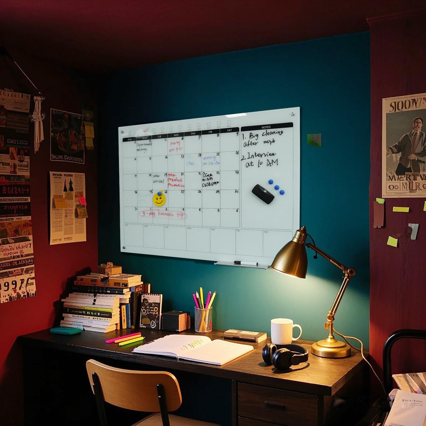 Magnetic Glass Whiteboard Calendar 48"x36" Glass Dry Erase Calender Board 36"x48" Monthly Plan White GlassBoard Wall Mounted for Office School Home (White)
