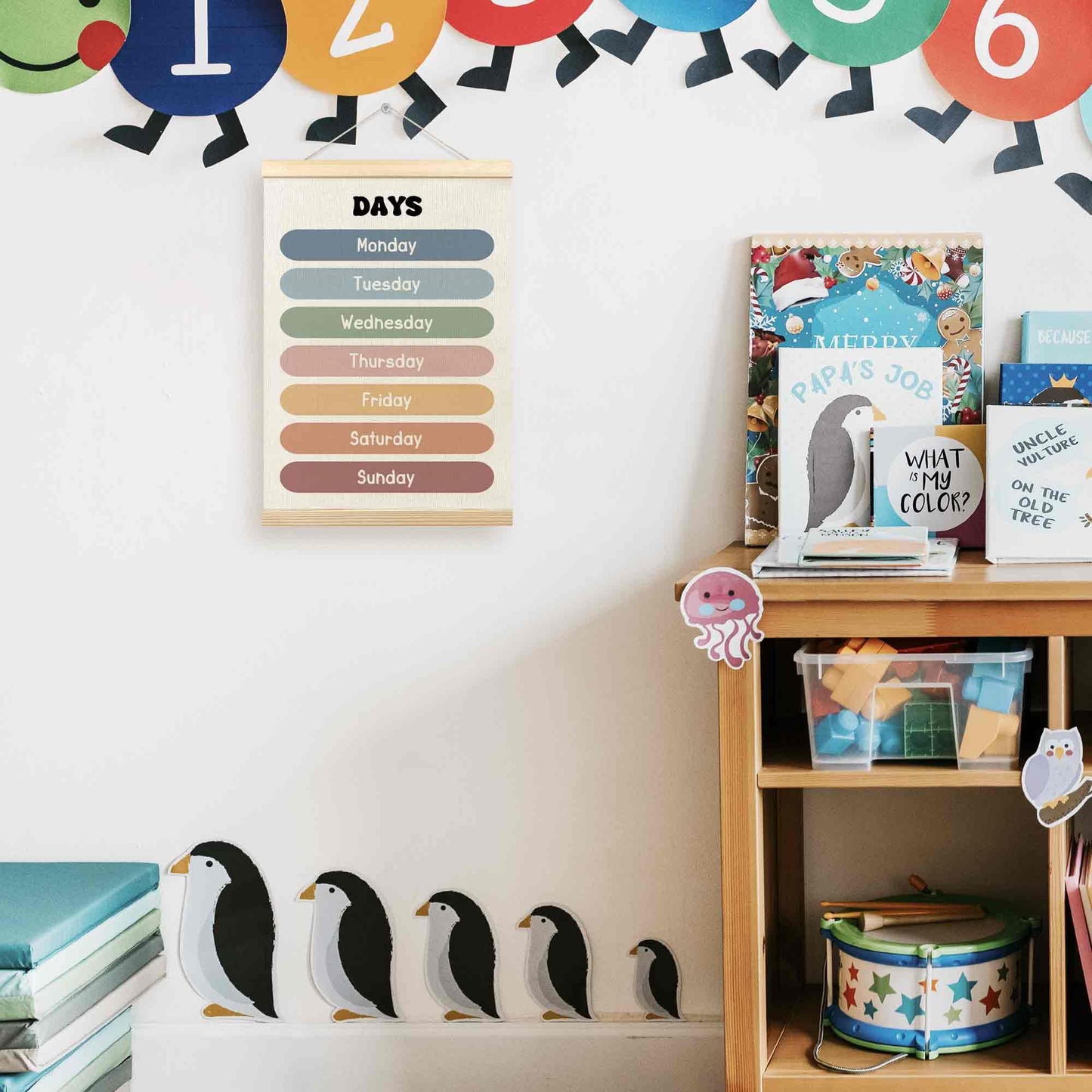 TLESKE Boho Classroom Days of the Week Poster Hanger Frame, Homeschool Hanging Wall Art Decor for Toddlers Kids Room Nursery Playroom, Preschool Prek Learning Educational Poster Print Banner, 12x16