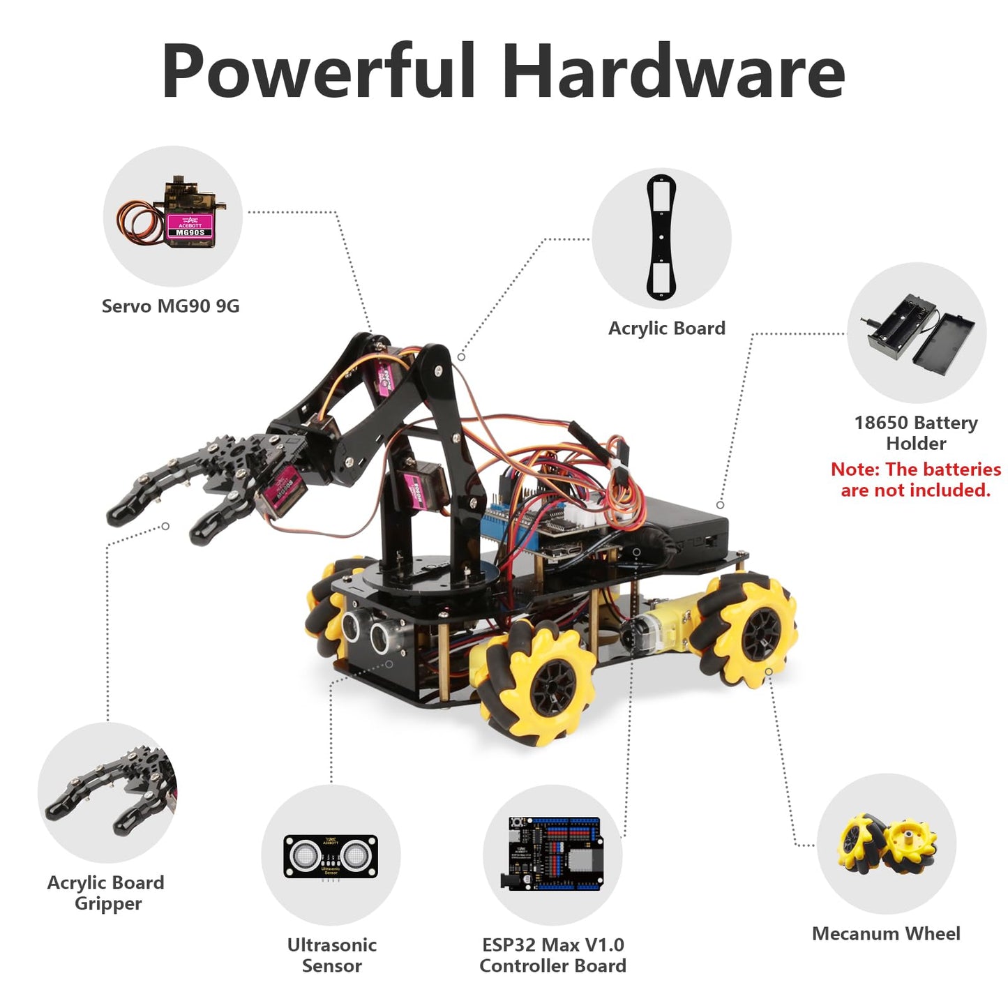 ACEBOTT 5DOF Smart Robot Arm Car Kit, 4WD Remote Control Car Compatible with Arduino/Python/Blockly Programming Project/STEM Education/Science Coding Kit for 12+ Teens and Adults Unique Gifts