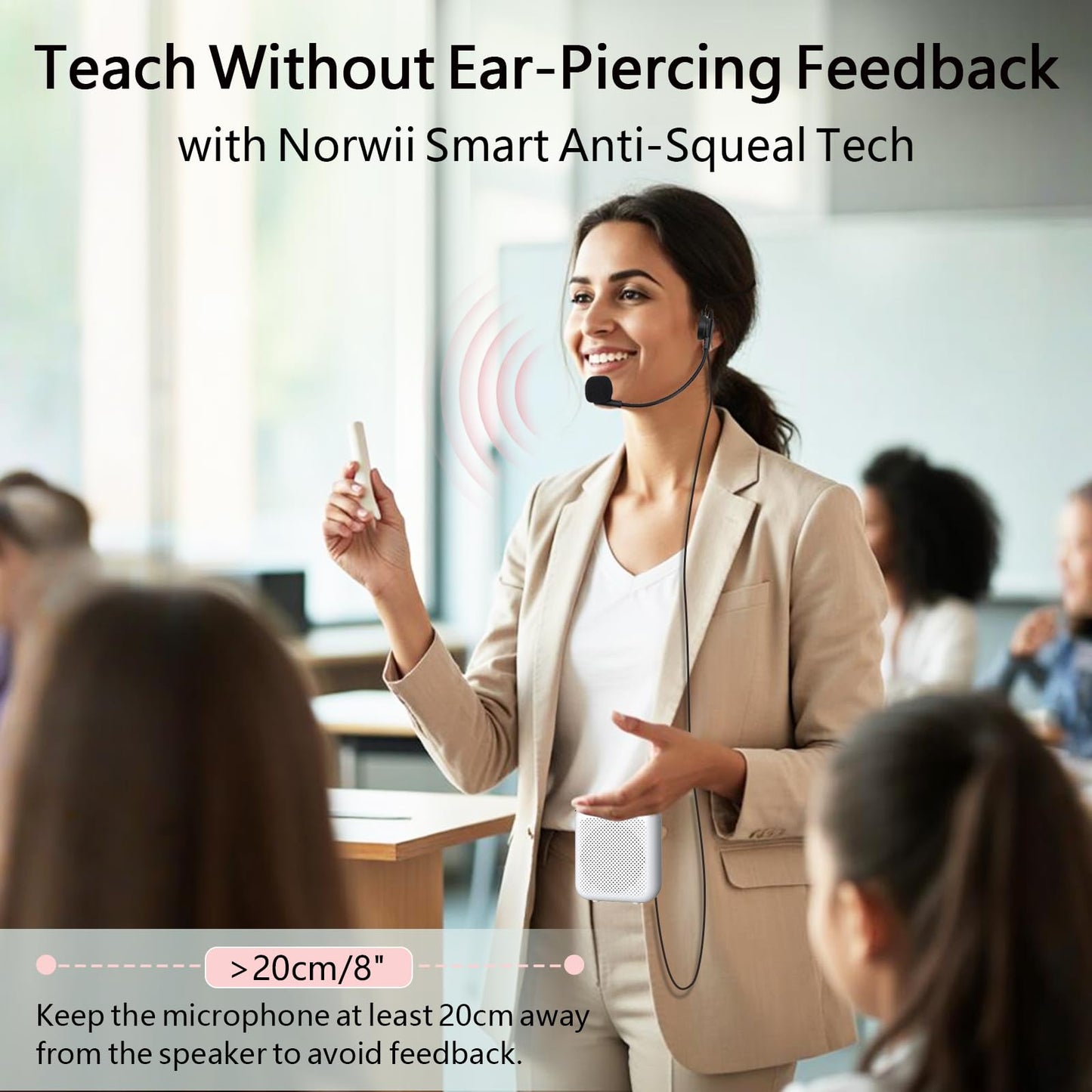Norwii Bluetooth Voice Amplifier, Power Amplifiers, Portable Mini Wired Microphone Headset for Teacher Classroom & Outdoor Lectures, Teaching, Tour Guides, USB-C Rechargeable - 4000mAh, White