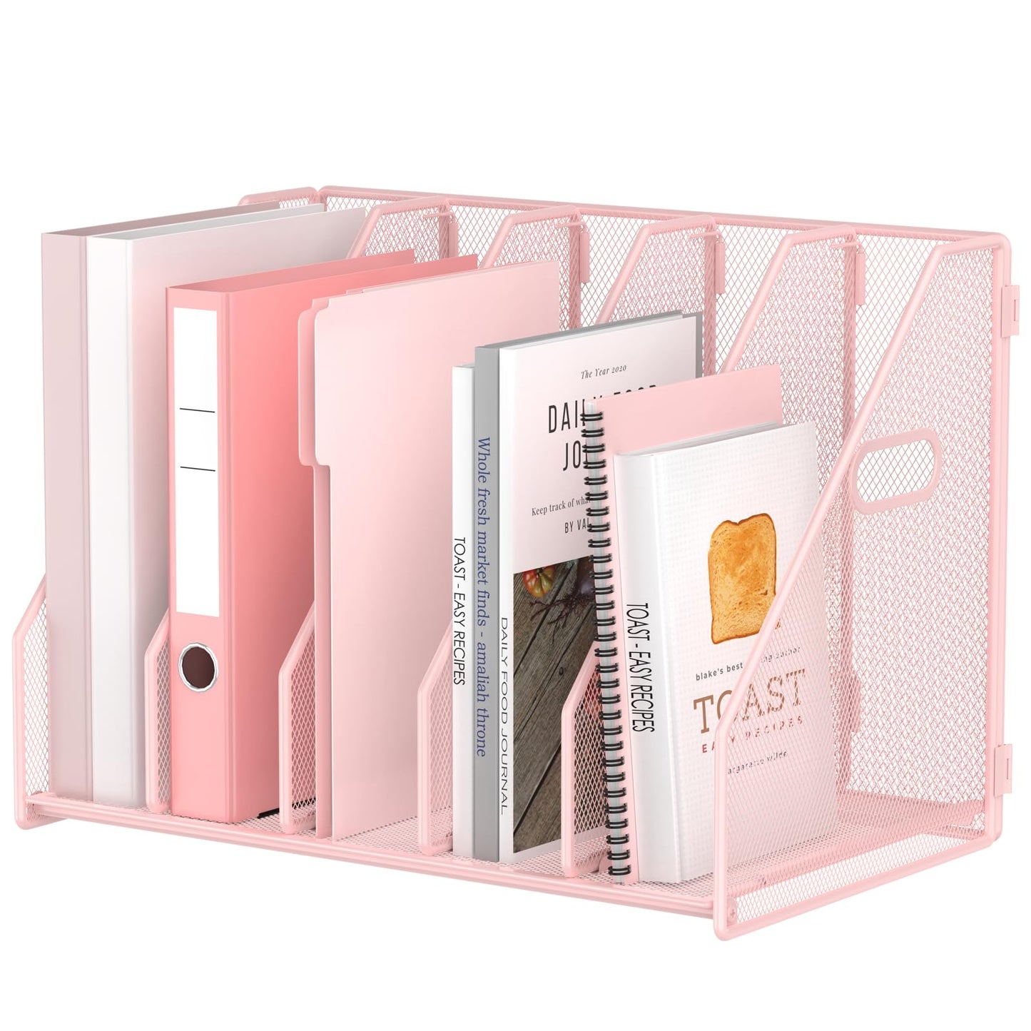MINDEPOT Desk File Organizer Metal Desk Magazine Folder Holder with 5 Vertical Compartments Rack File Organizer for Office, Home, School (Pink)