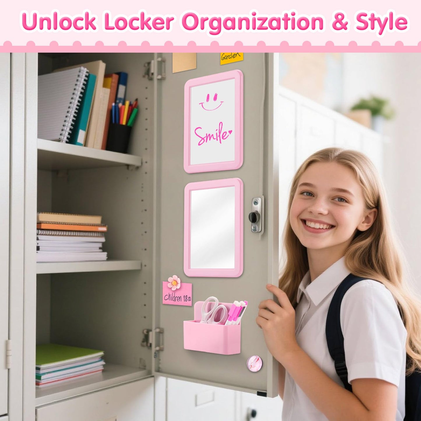 MoKo Locker Accessories Set, 15PCS Back to School Supplies Includes Magnetic Mirror, Whiteboard, Markers, Pen Holder, Magnets, Locker Organizer for School Office (Pink)
