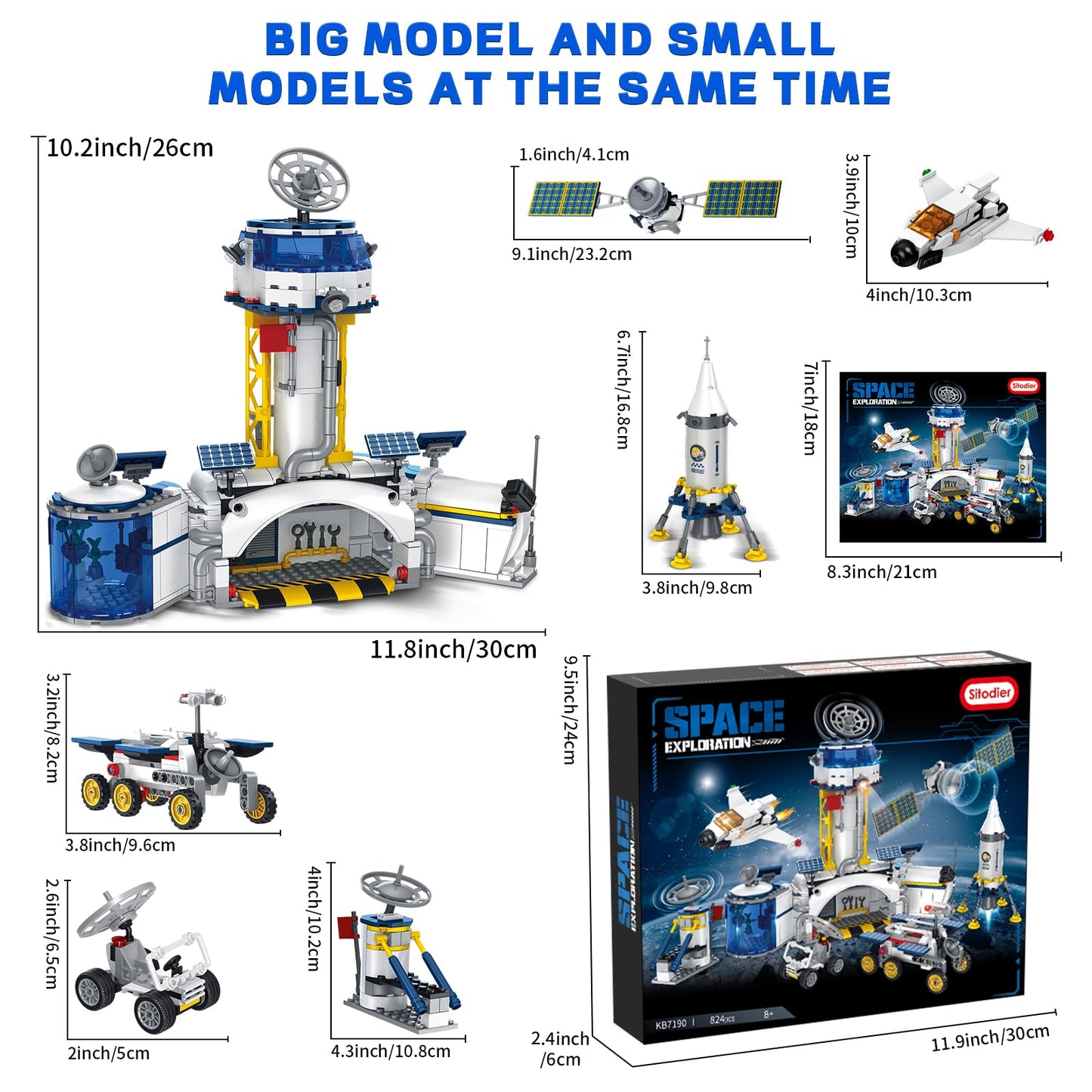 Sitodier Space Station and Rocket Launch Building Blocks Set, Space Exploration Toy for Creative Role Play, Explore Moon Bace Adventure Toy 1 Big and 6 Small Models for Kids Boys 7 8 9 10 11 12 13 14