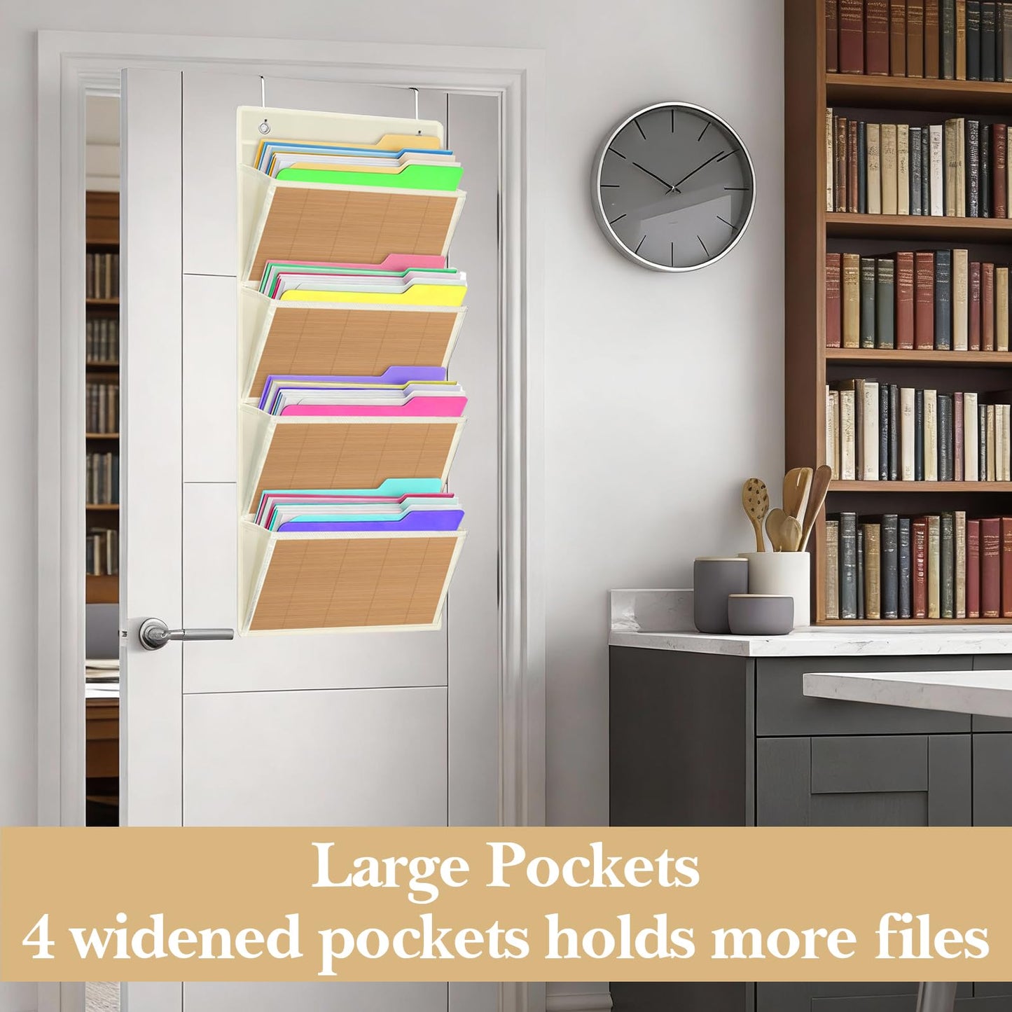 VERONLY Over the Door File Organizer - Hanging Wall Mounted File Folders Storage with 5 Extra Large Pockets for Home, 0ffice, Classroom,Chart Papers, Files, Letters,Planner, Documents (Beige)