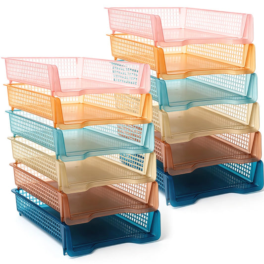Geetery Set of 12 Plastic Trays for Teachers Turn in Trays Classroom Stackable Paper Tray Plastic Classroom Teachers Desk Letter Organizer Storage Baskets for Office, Desk, Home (Clear Boho Color)