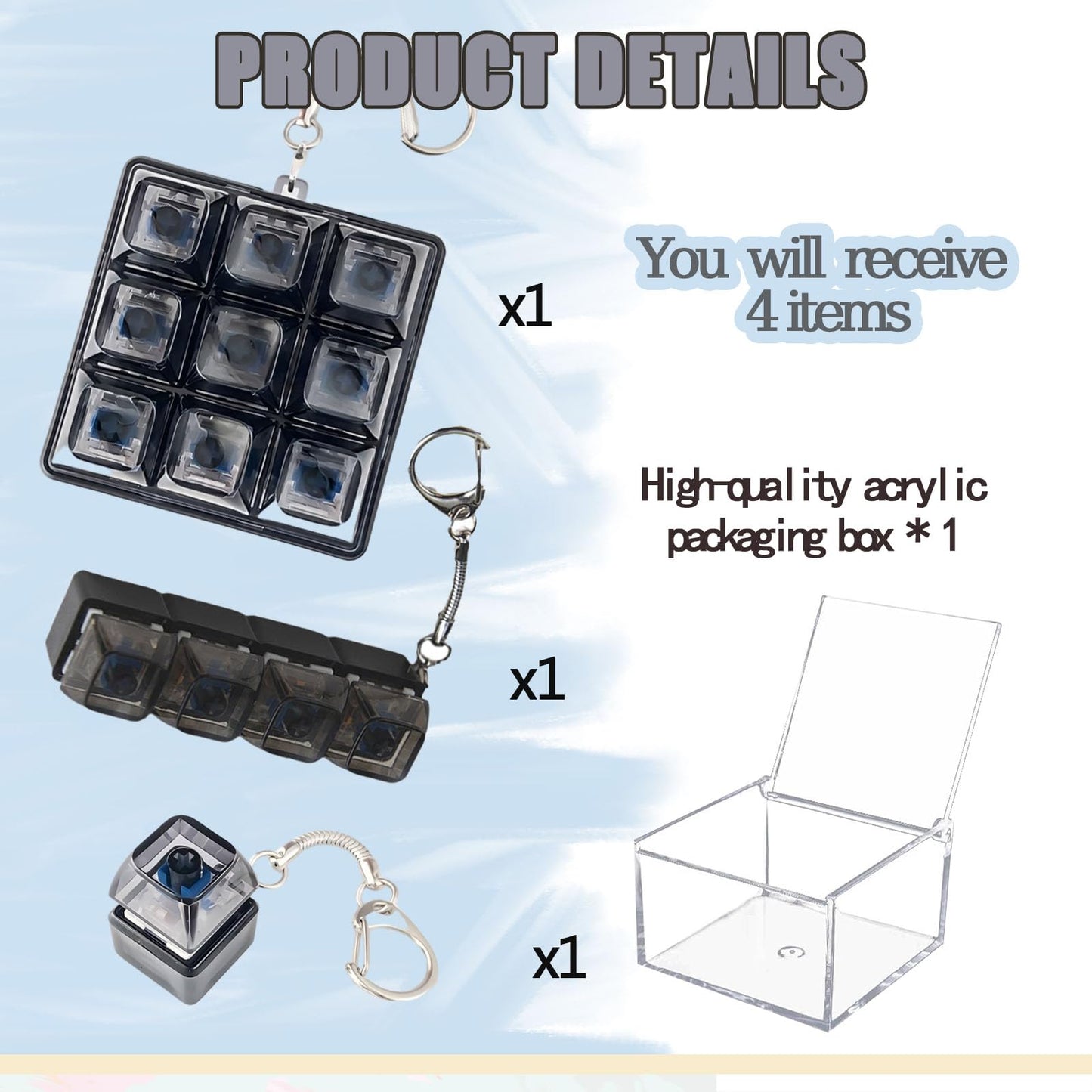 3 Pcs Keyboard Fidget Clicker Stress Relief Toys Keychain– Button Press Fidget Set for Stress Relief & Relaxation (9 Keys + 4keys + 1key Transparent Black)