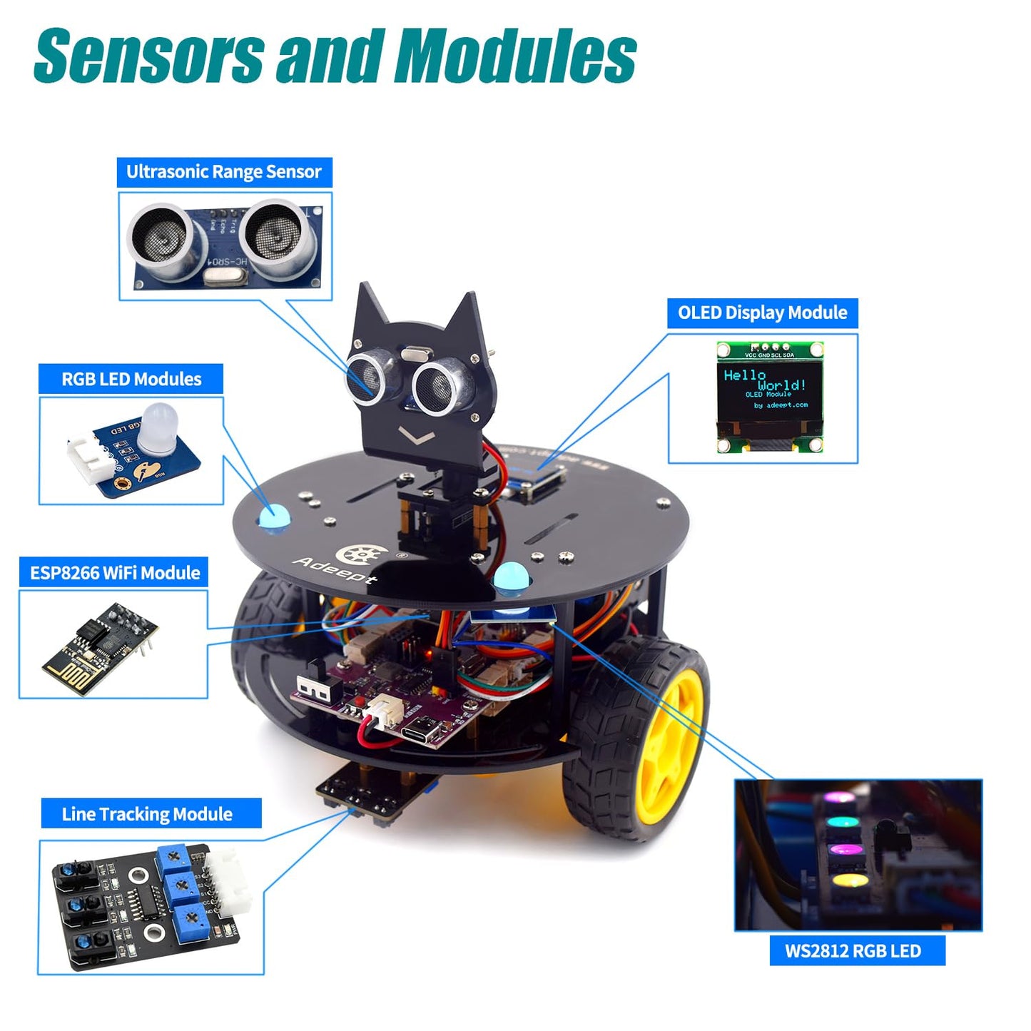 Adeept Smart Car Kit(Compatible with Arduino IDE), Line Tracking, Obstacle Avoidance, OLED Display, Ultrasonic Sensor, Wireless Remote Control, DIY STEM Educational Robot Car Kit (Black)