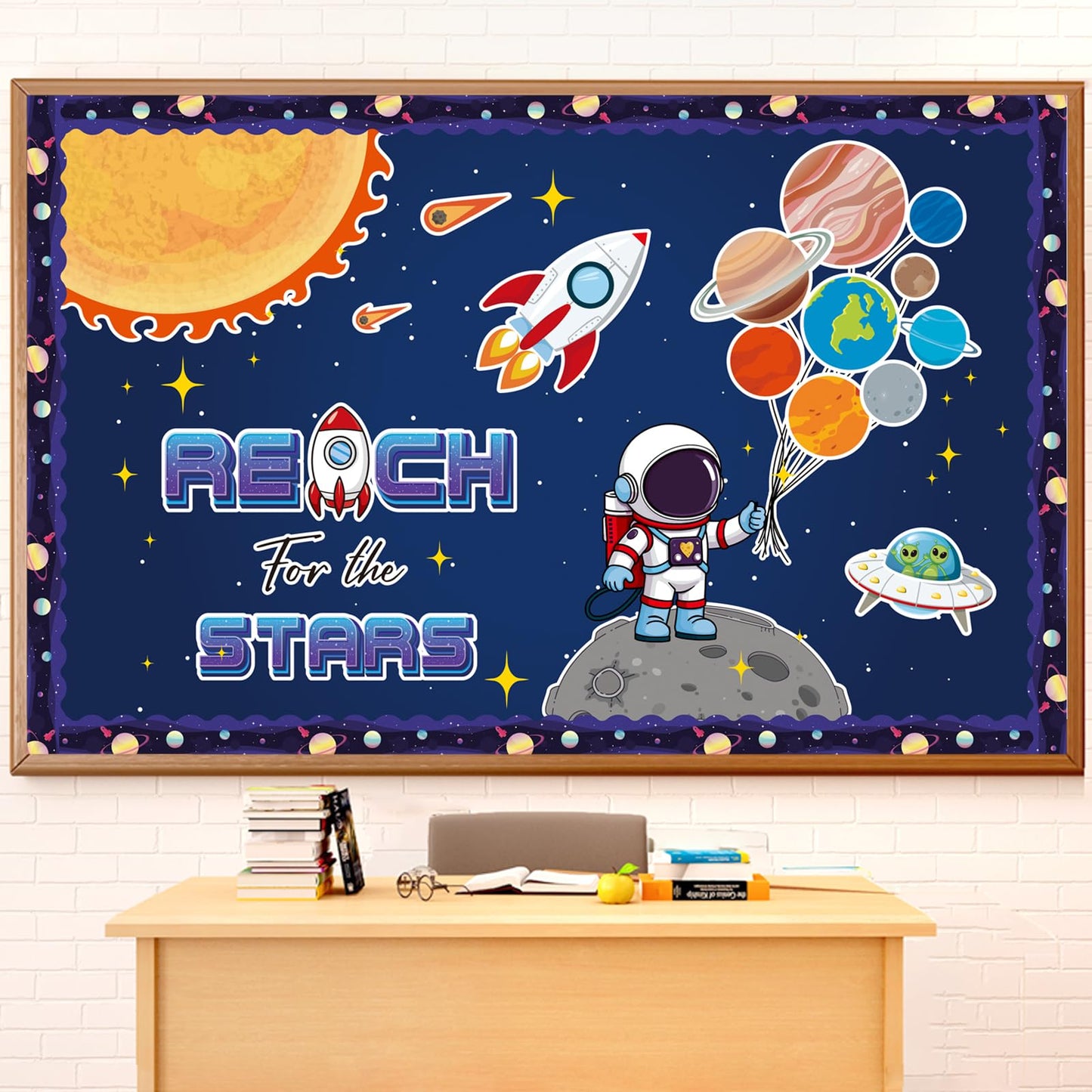 Outer Space Bulletin Board Decorations Set with Borders Space Theme Solar System Motivational Cutouts Decor for Teachers Astronaut Bulletin Board for Class School Classroom Chalkboard Wall Decor