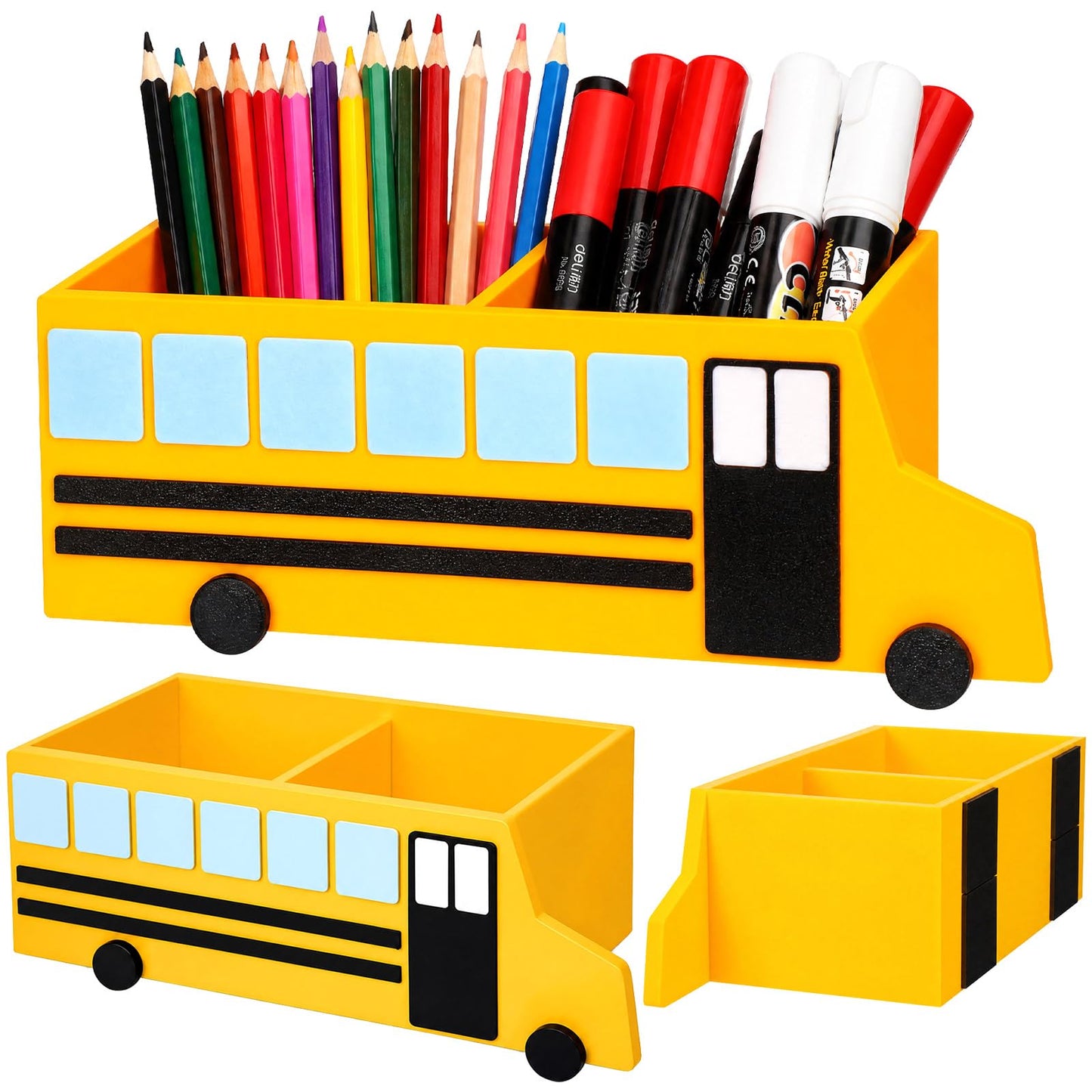 ReliThick Teacher Magnetic Pen Holder Magnetic School Bus Desk Organizer, Teacher Appreciation Gifts, Dry Erase Marker Holder with 4 Strong Magnets, Classroom Decor & Storage Bin