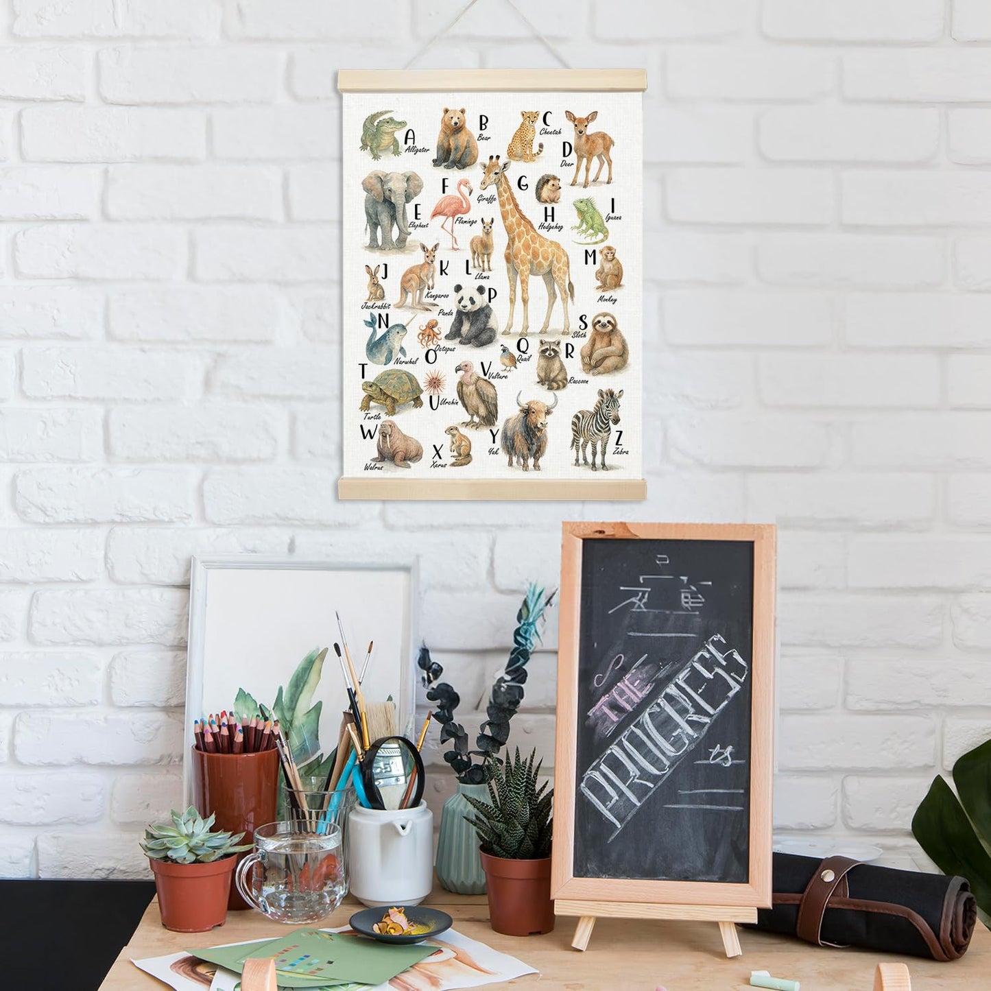 Xmsaitar Classroom Animals Zoo Alphabet Poster Hanger Frame Wall Decor, Cute ABC Prints for Wall Hanging Decor Art, Nursery Educational Banner for Kids Toddler Room Dorm Playroom Preschool 12x16in