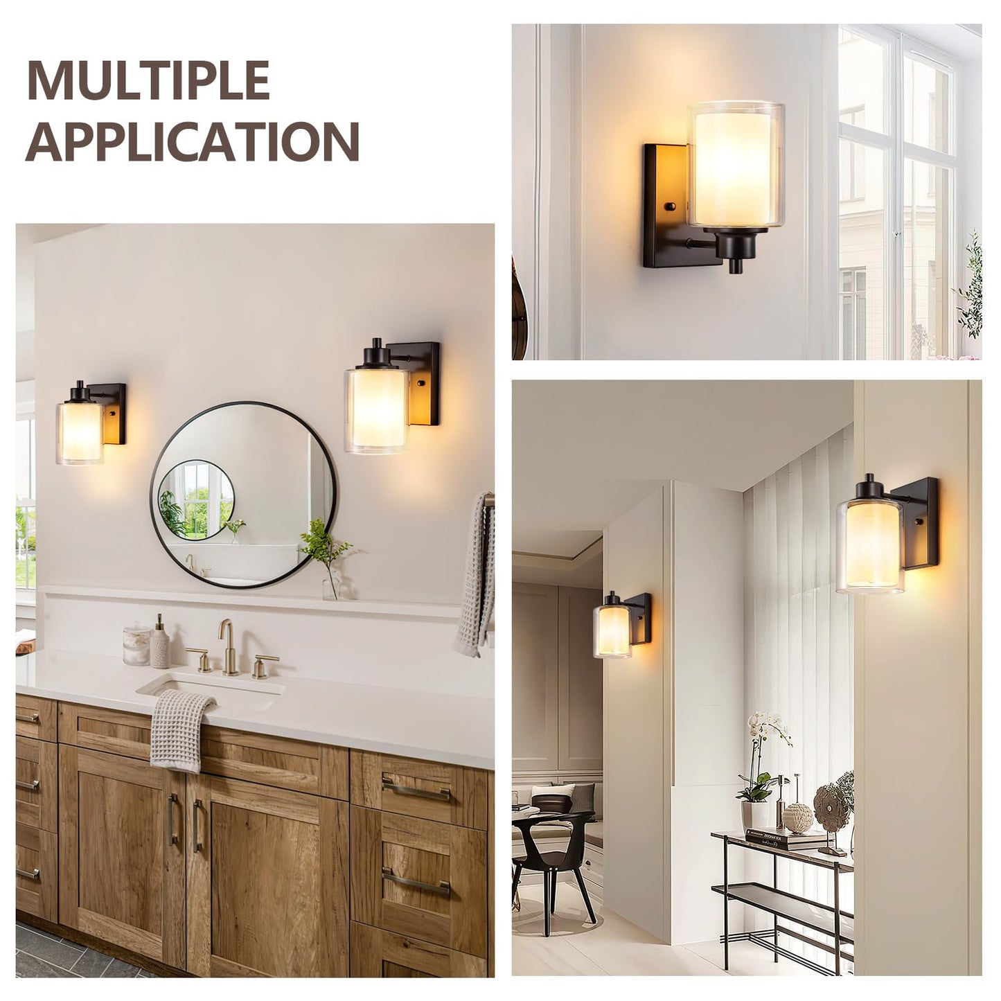 Eidonta Bath Vanity Light Fixtures, Modern 2 Pack Wall Scone, Oil Rubbed Bronze, Dual Glass Shade, Model Eidonta-2PACK-BVLF