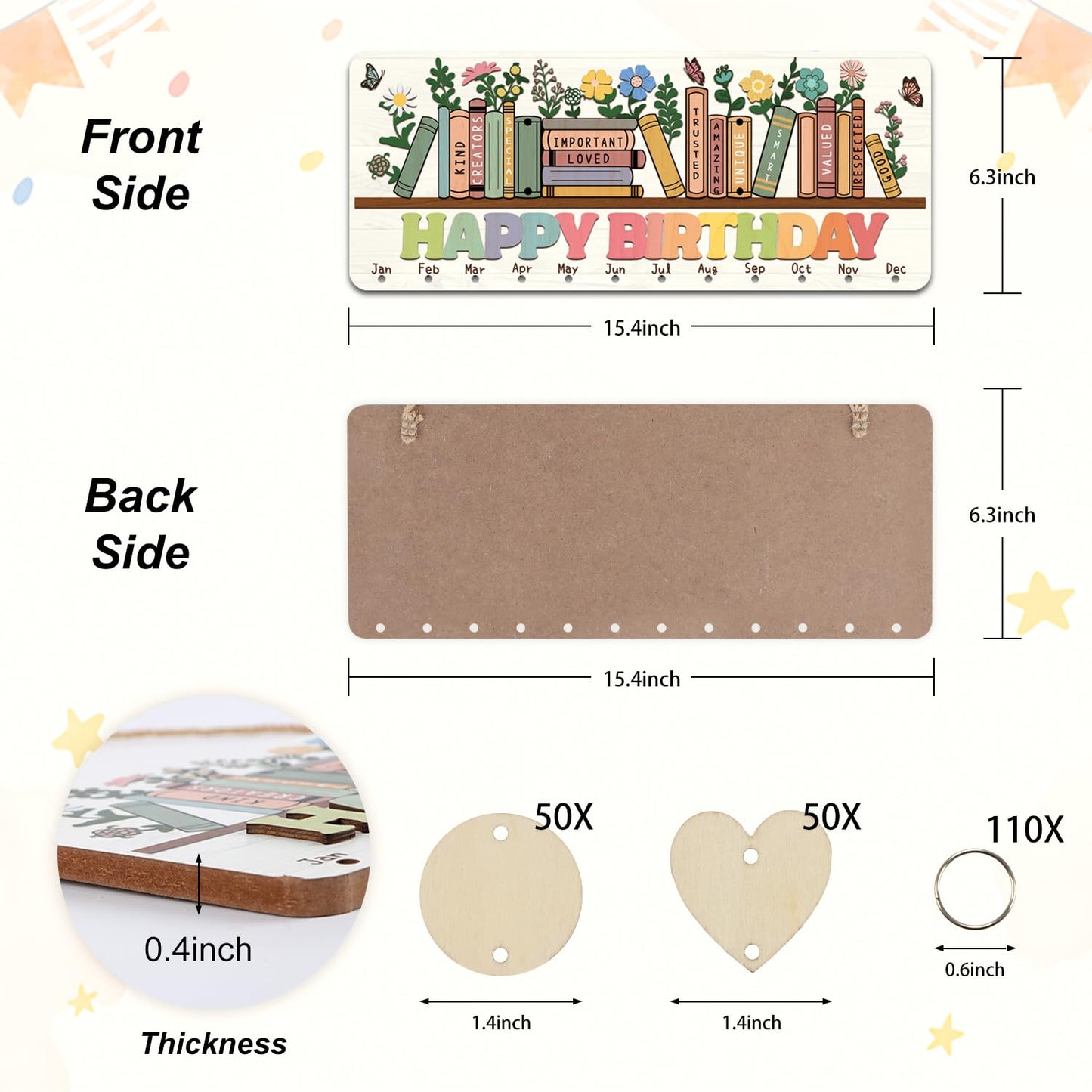 CHDITB Happy Birthday Wooden Reminder Calendar Board, Inspirational DIY Birthday Anniversary Board, Book Floral Birth Tracker Celebrations Hanging Plaque for Classroom Kids Room Decor 15.4''x 6.5''