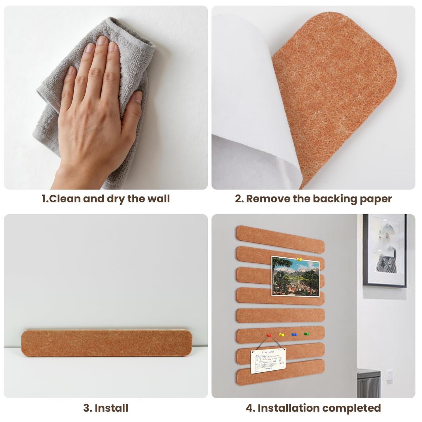 8-PCS 13"×2" Felt Bulletin Board Strips with Thumbtacks, Self-Adhesive Felt Strips, Suitable for Office, Classroom, and Home Decoration, Can Be Used to Stick Notes, Photos, and Memos(Brown)