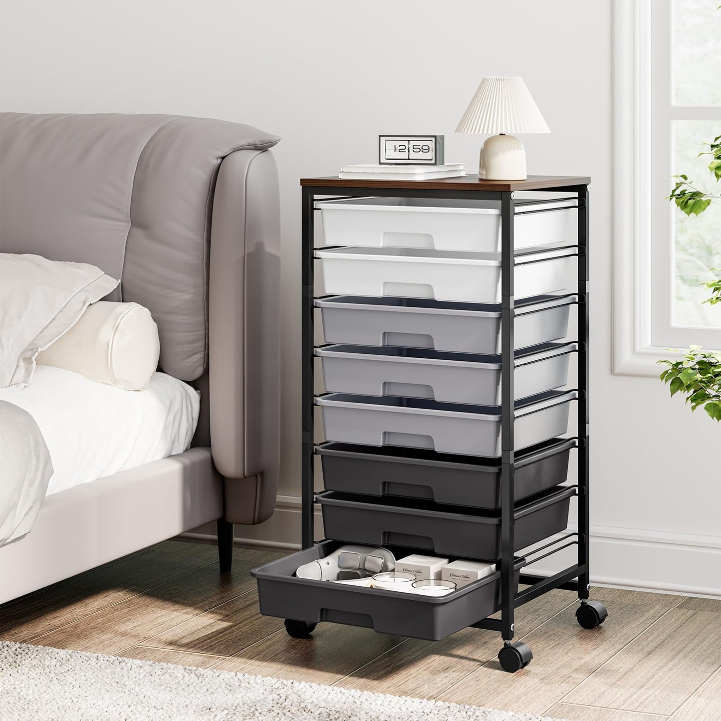 Rolling Storage Cart with 8 Drawers, Utility Cart on Wheels with Wooden Tabletop, Utility Cart for Teacher Storage, Office Organizer, Classroom Storage Cart, Craft Storage, Grey
