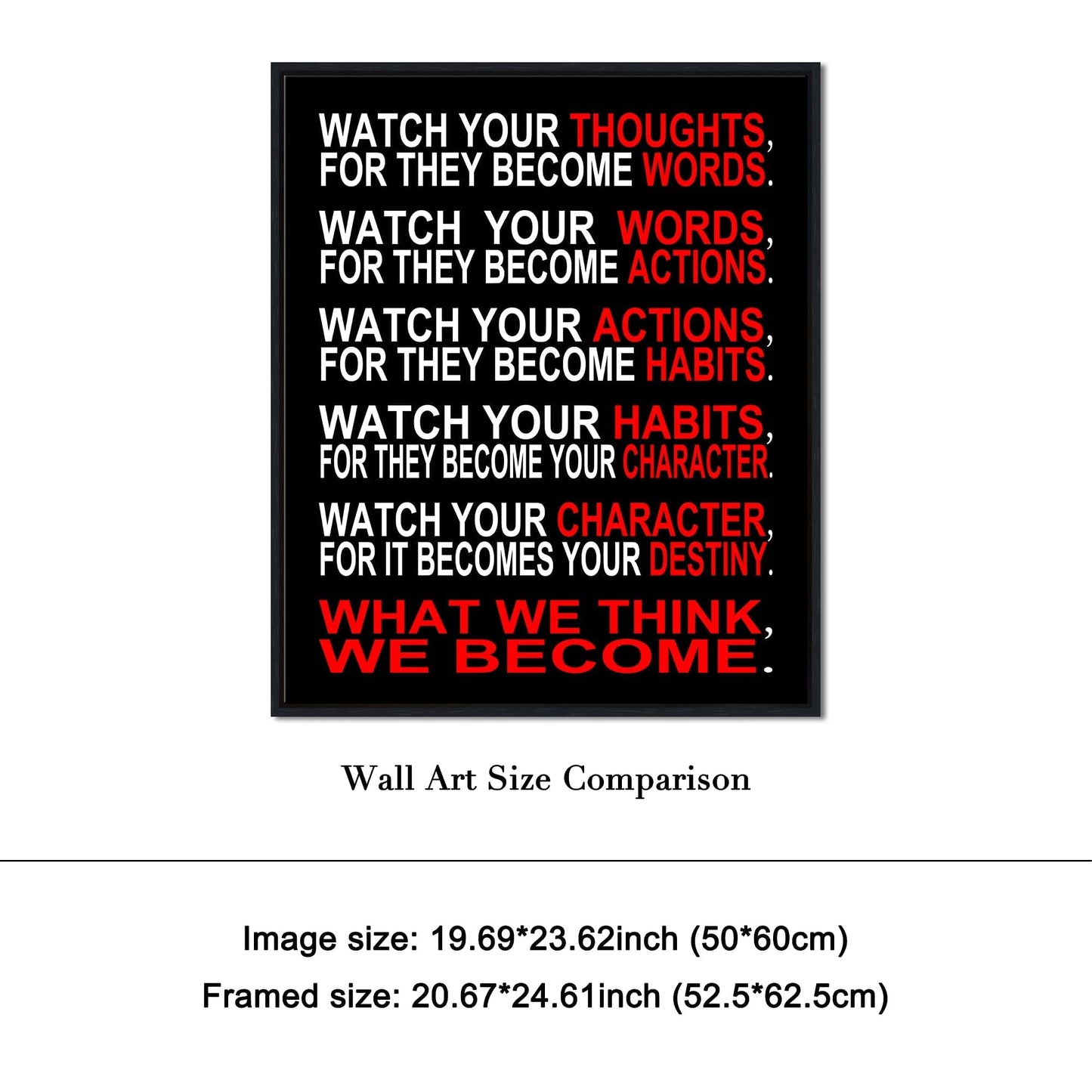 Pyradecor Black Framed Canvas Wall Art Watch Your Thoughts Motivational Classroom Poster Canvas Prints for Office Living Room Home Decorations