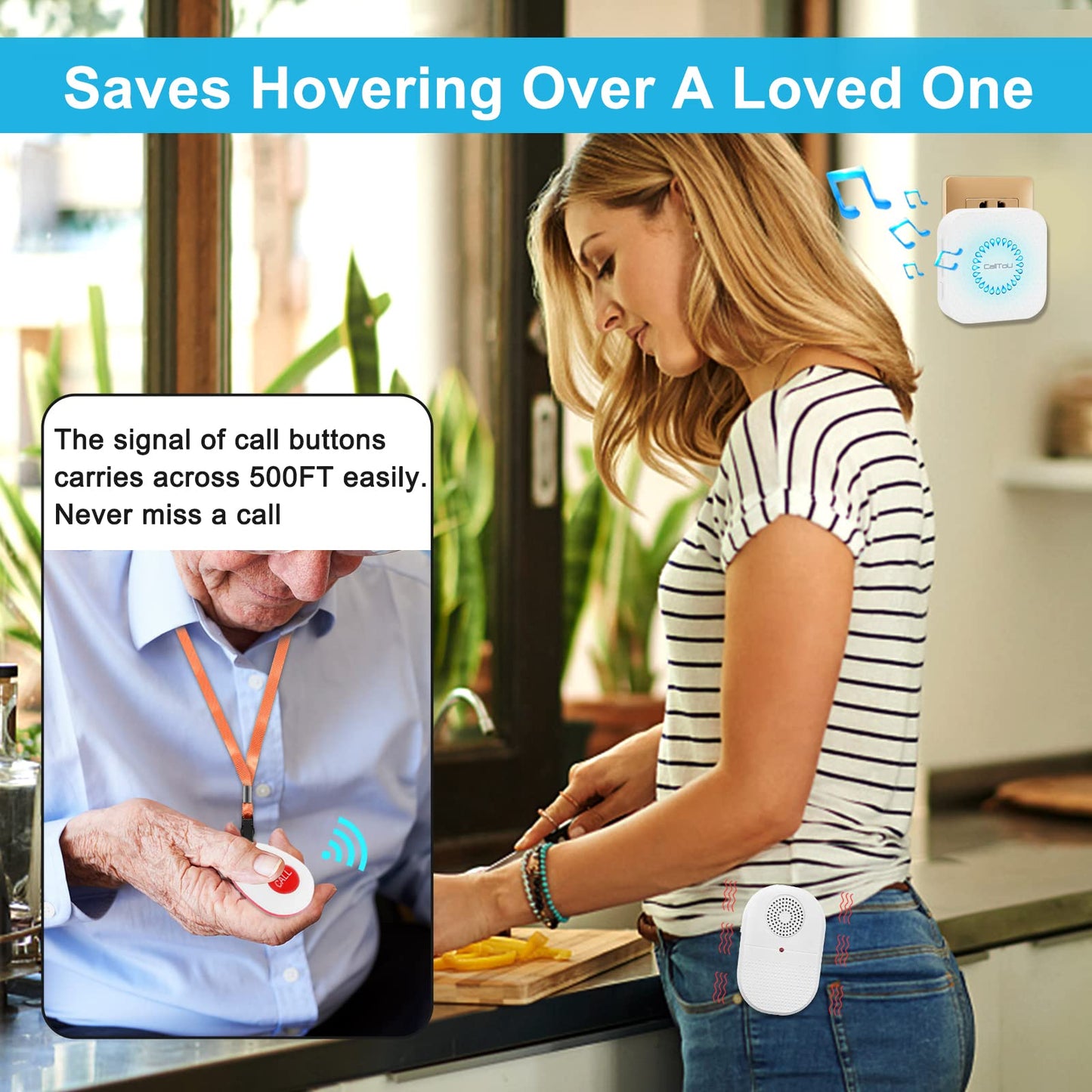 CallToU Wireless Caregiver Pager Call Button for Hard of Hearing 500FT Emergency Alert System Waterproof Call Bell for Elderly at Home/Elderly/Patients/Disabled (CCVB 4-2)
