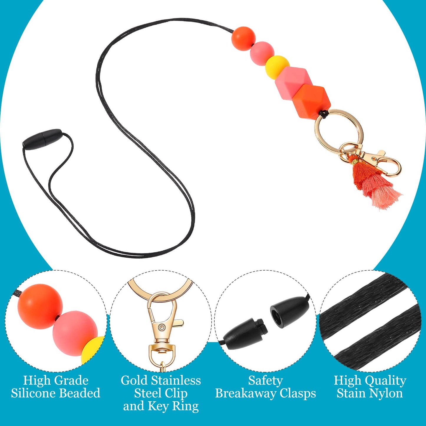 Outus 4 Pcs Teacher Lanyards with Badge Holders, Beaded ID Holder Lanyard for Teachers, Classroom Essentials for Teachers, Back to School Teacher Supplies, Staff Badge Key Holder