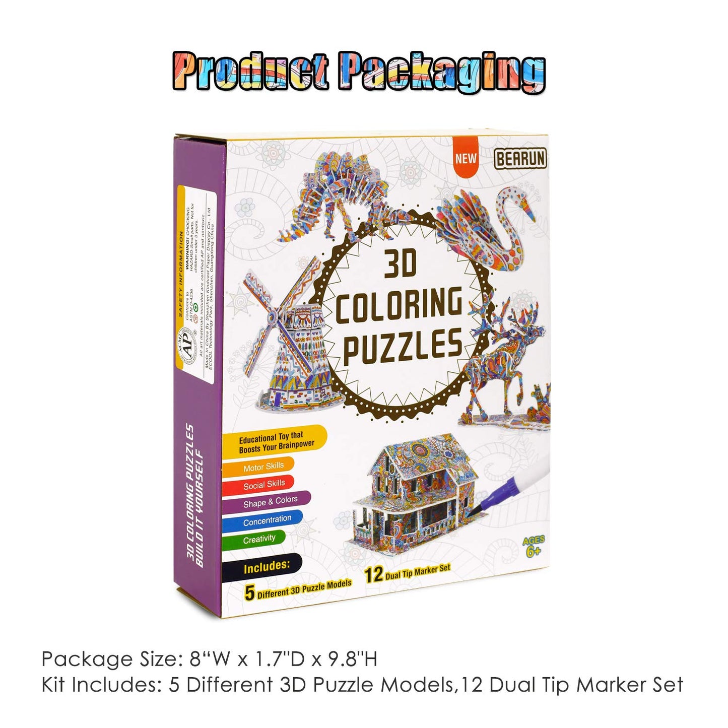 BEARUN 3D Coloring Puzzle Set, Arts and Crafts for Girls and Boys Age 6 7 8 9 10 11 12 Year Old, Fun Educational Painting Crafts Kit with Supplies for Kids, Birthday Toy Gift for Kids
