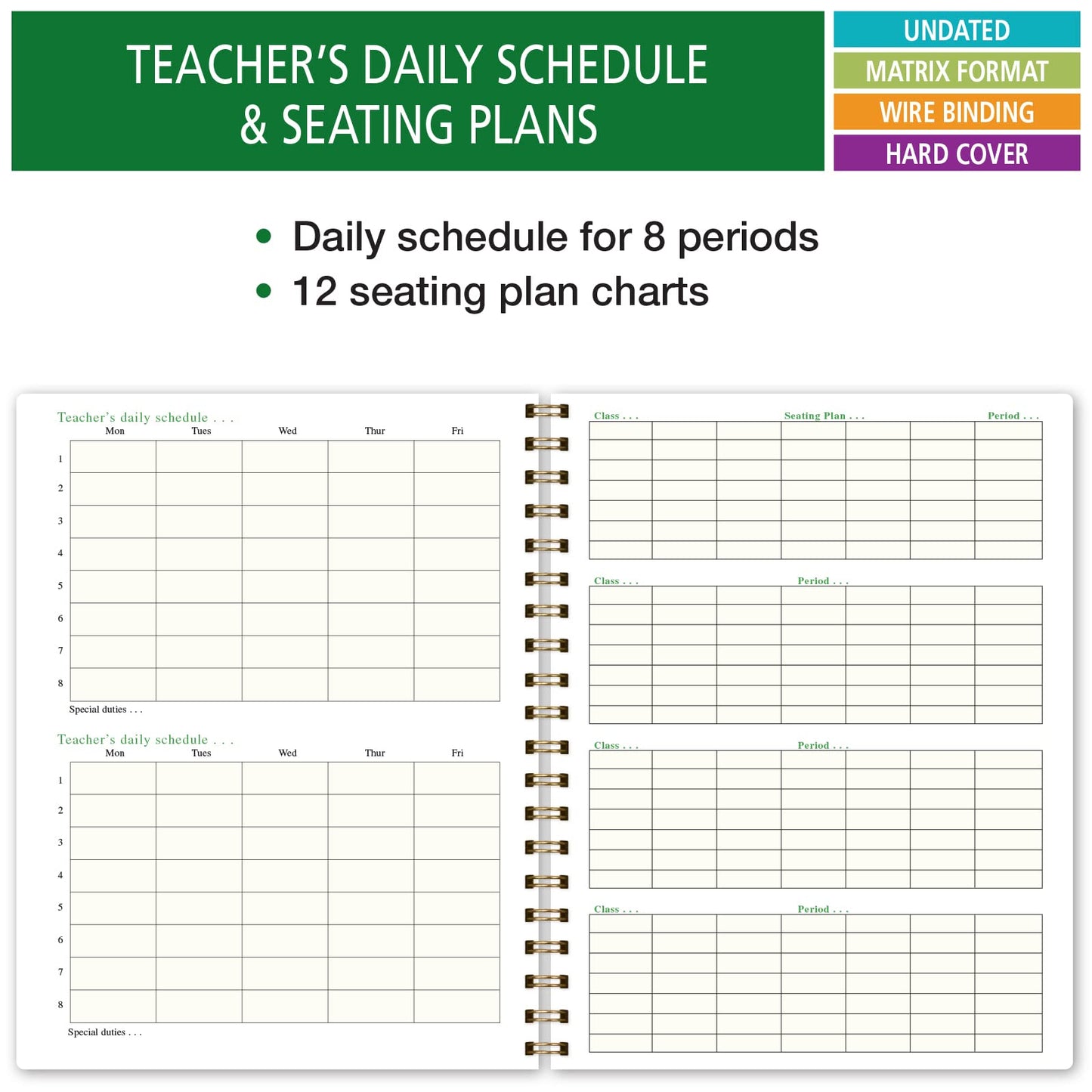 Elan Publishing Company HARDCOVER Combination Plan and Record Book: One efficient 8.5" x 11" Book for Lesson Plans and Grades Combines W101 and R1010 with Bonus Clip-in Bookmark (Teal Floral)
