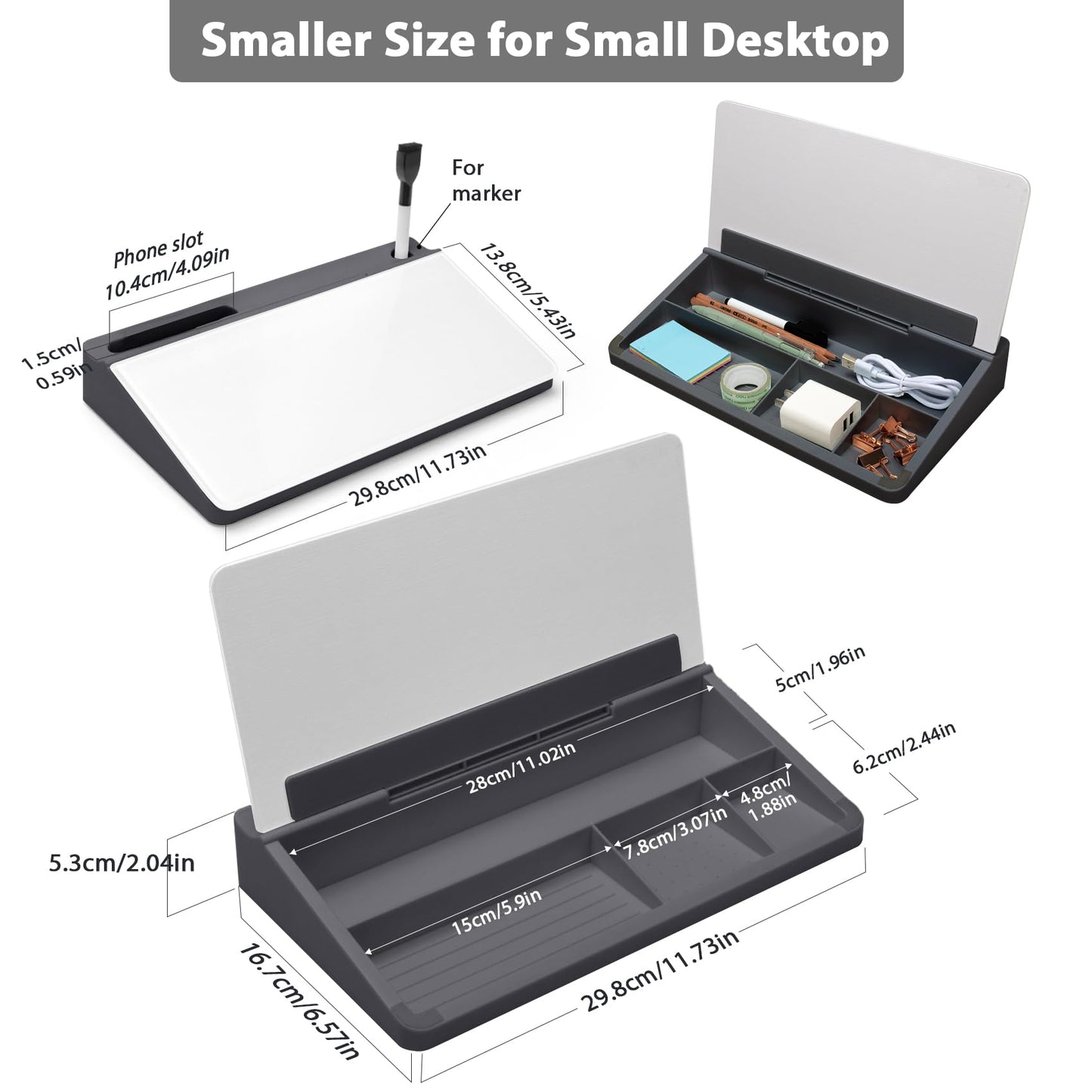 Varhomax Glass Desk Buddy Whiteboard with Storage, Small Dry Erase Desktop White Board Caddy to-do List Memo Notepad for Office, School and Home Office Supplies (Gray and White)