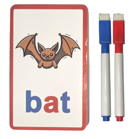 CVC Learning Flash Cards 1 Set- Educational Spelling and Reading Game for Preschool and Kindergarten, Includes Colorful Erasable Pens