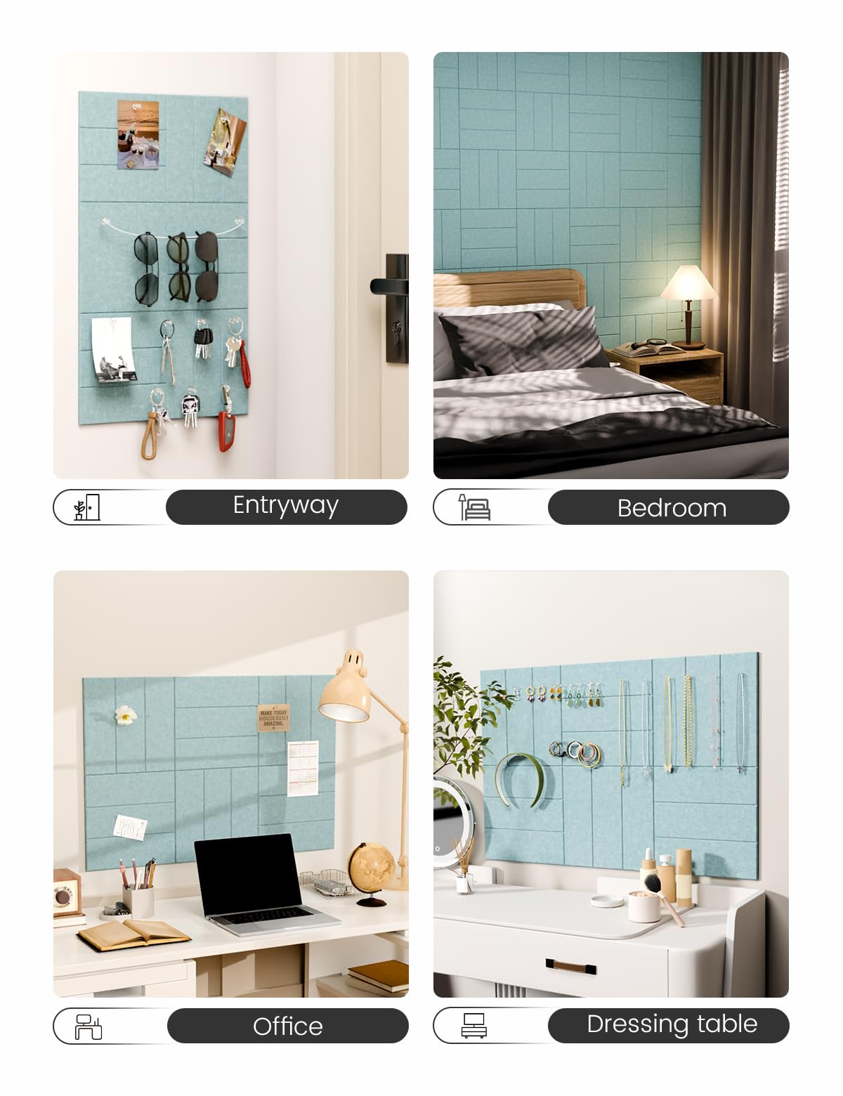 Felt Bulletin Board Tiles -28"x18" with 40 Adhesive Tabs, Cork Board Alternative for Office Decor, Push Pin Board Wall Organizer 6-Pack (Teal Blue)