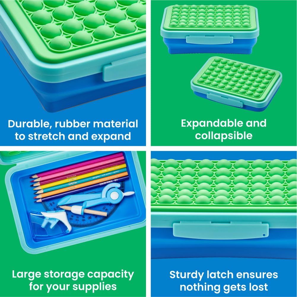 LockerMate by Bostitch Expandable Pencil Box with Pop-It Top Collapsible Pencil Case for Craft and School Supplies, Green/Blue