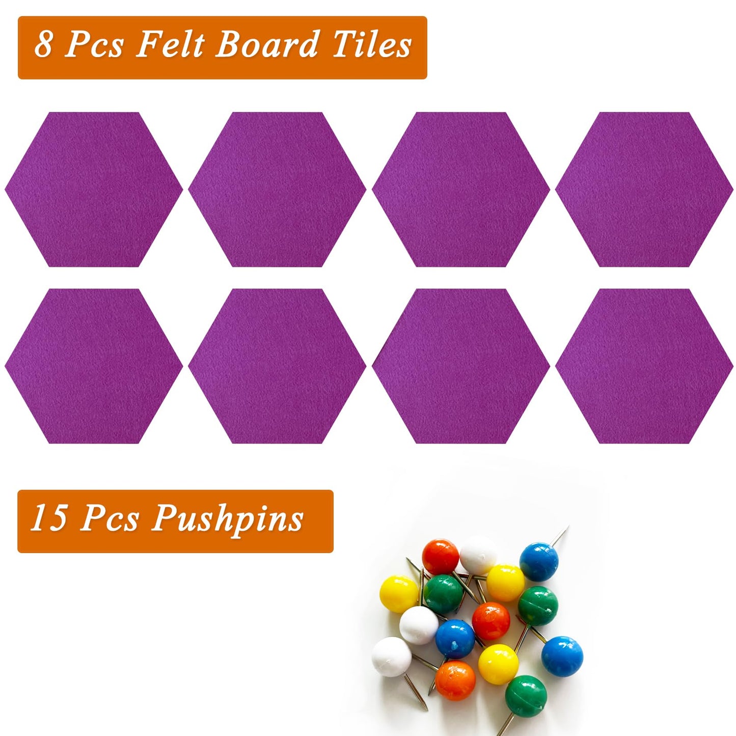HULAVO 8 Pcs Hexagon Felt Cork Bulletin Board Tiles, Self Adhesive DIY Bulletin Board Pin Board for Office School Home Wall Decor Memos Photos Display(Light Purple)