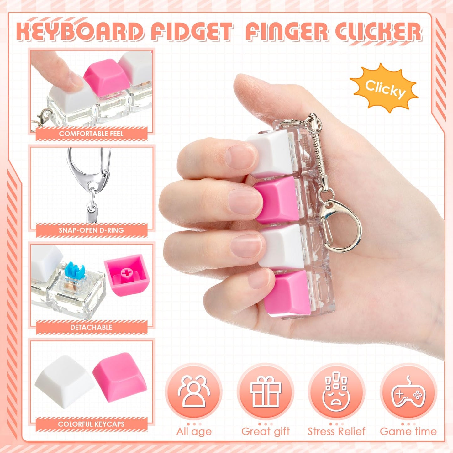 Halloscume 16 Pcs Keyboard Adult Fidget Clicker Toy 4-in-1 Keyboard Fidget Keychain Cube Mechanical Key Button Clicker Stress Relief Gift for Office School Home to Pass the Time(Alternating Colors)