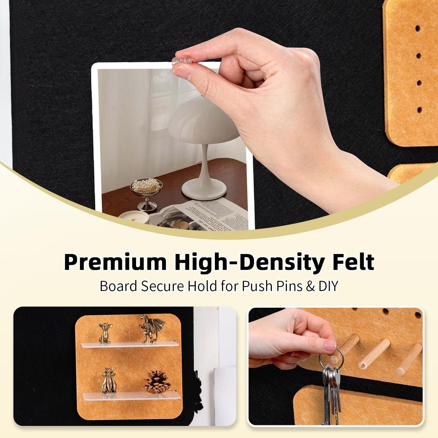 Wall Organizer Bulletin Board with Shelves and Key Holder, 2-in-1 Felt Pin Board for Photos, Notes, Keys and Small Accessories, Memo Board for Home Office Dorm, Black/Tan, 15.7"x23.6"