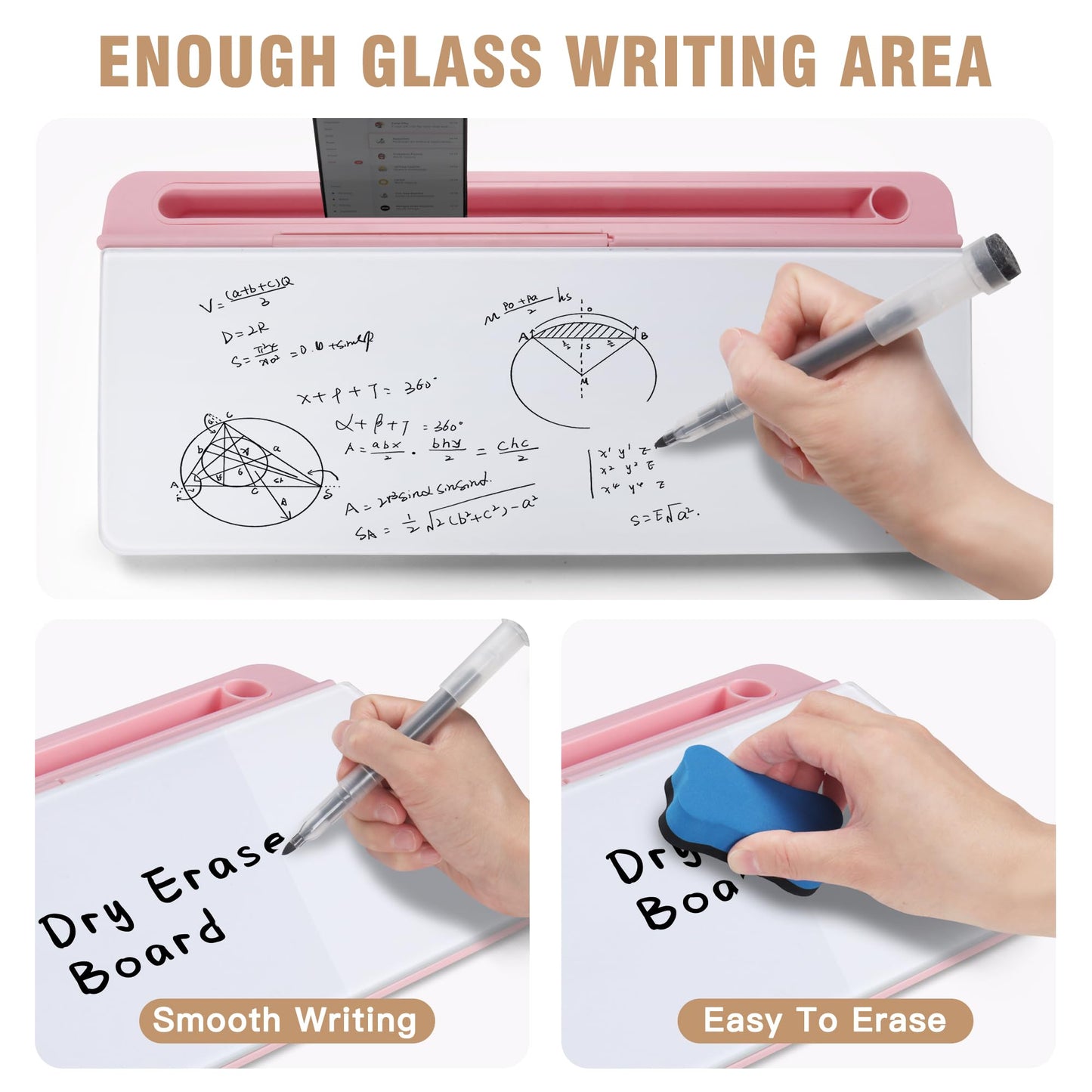 SELEAD Desktop Glass Whiteboard with Organizer & Built-in Mirror - Small Dry Erase White Board Computer Pad Keyboard Stand with Markers, Eraser, Holder for Women - Pink