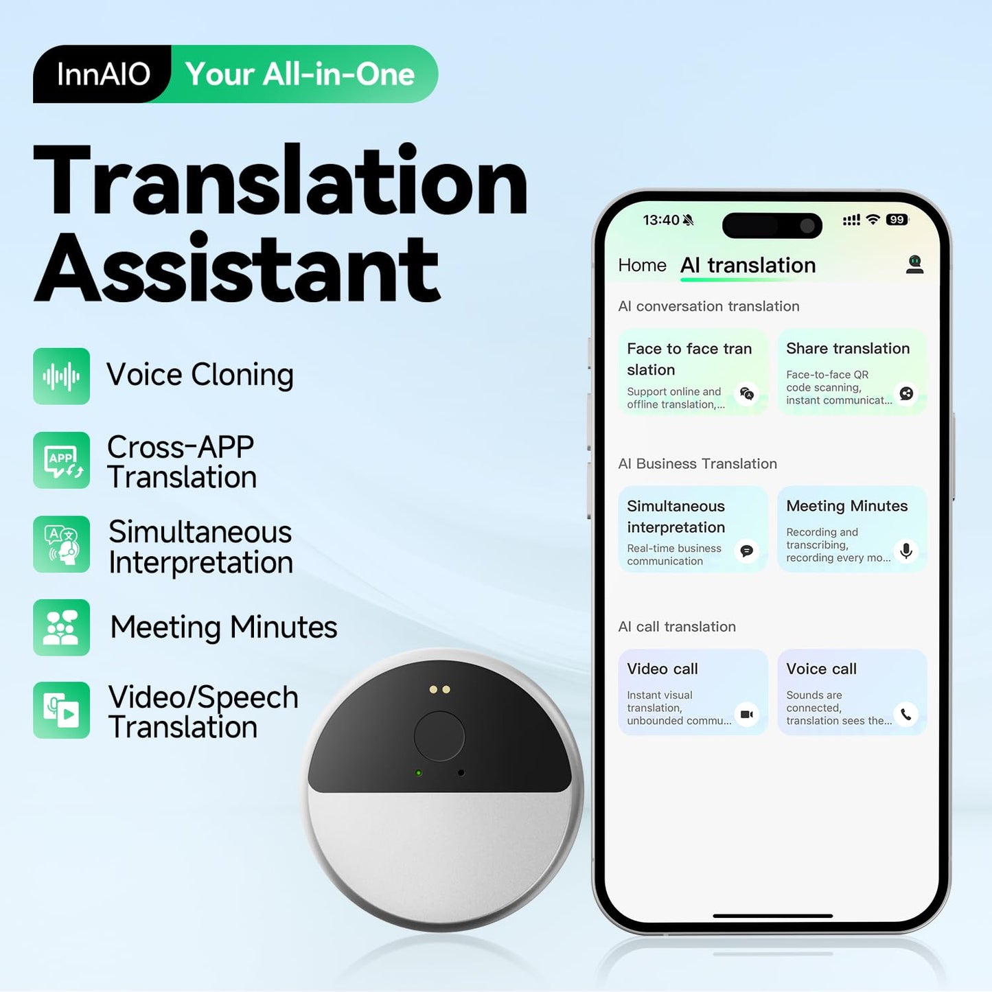 InnAIO T9 AI language Translator Device, Real Time Voice Cloning, Support 150+ Languages, Cross-App Translation, 98.6% Accuracy, 0.5s Response, Offline Translation, Portable Design for Business Travel
