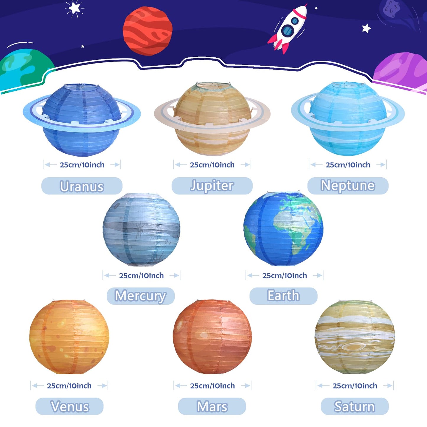 Fontien 8 pcs Planet Paper Lanterns,10 inch Outer Space Party Decorations, Solar System Hanging Paper Lanterns for Kids Birthday Baby Shower Science Classroom Home Decor