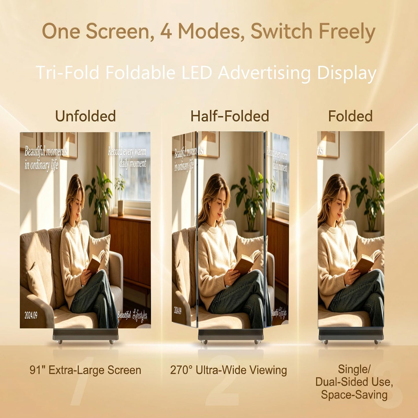 91" LED Digital Signage Display with Flight Case, Triple Foldable Spliceable LED Poster Screen,GOB Commercial Kiosk, Smartphone One-Cick Control, for Events, Rentals