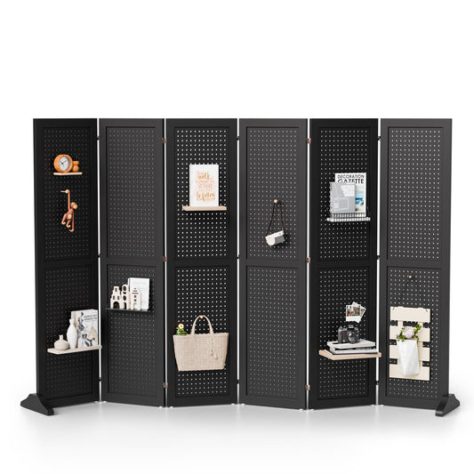 Bonnlo 4/6 Panel Pegboard Freestanding, 5 FT Portable Display Board Organizer for Craft Show Jewelry, Wooden Folding Privacy Screen Room Divider (Black, 6 Panel with Base)