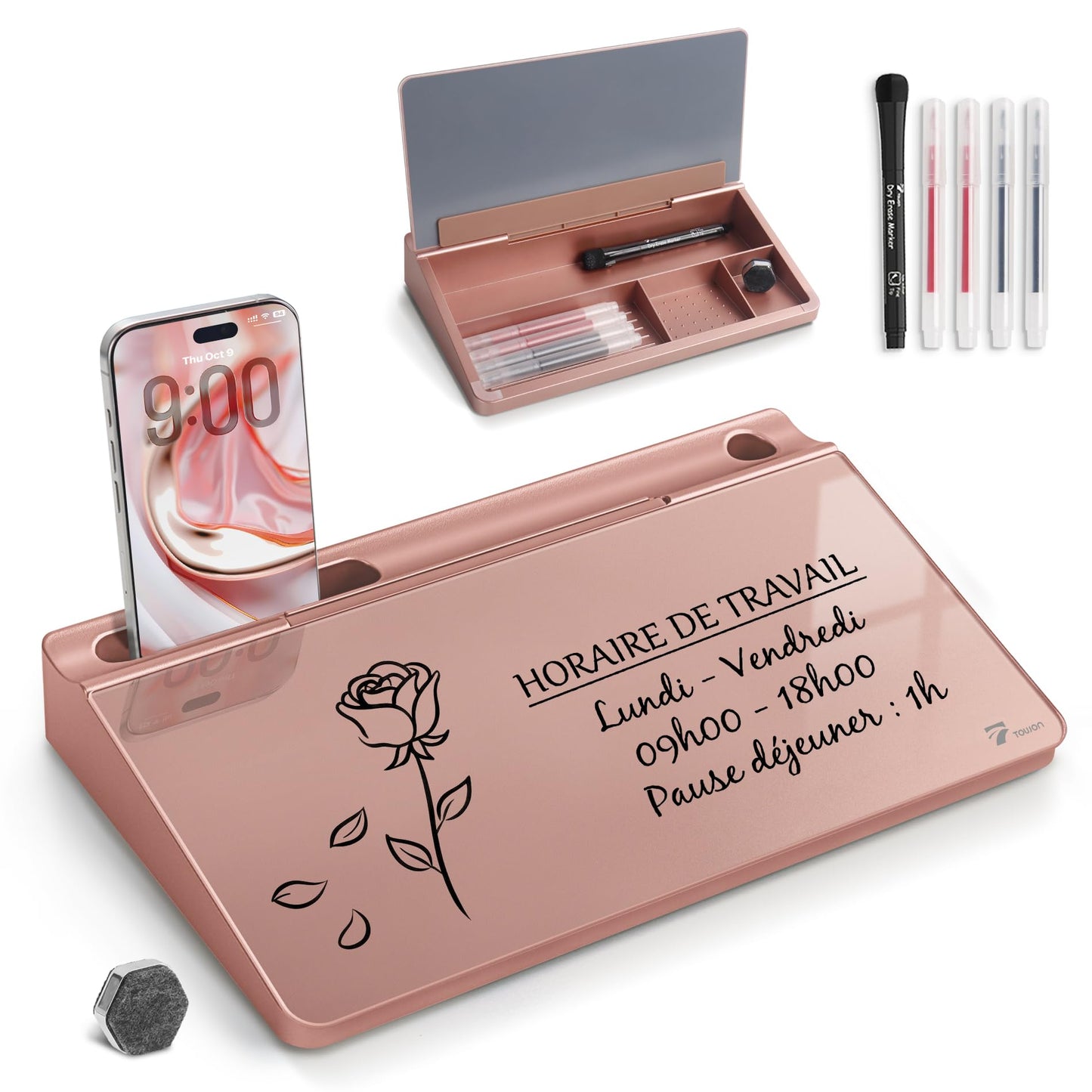 TOWON Small Compact Glass Desktop Whiteboard with Storage – 12 x 7 in Dry Erase Board for Desk, Home Office, School | Includes 5 Markers, Eraser & Holder | Space-Saving Organizer, Aesthetic Rose Gold